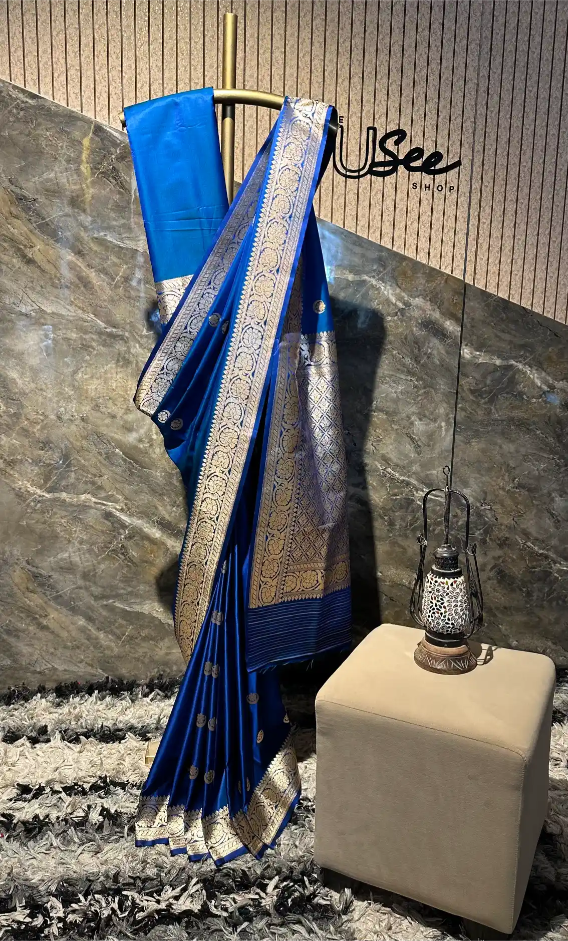 Ready To Wear Emerald Blue Satin Silk Banarasi Saree