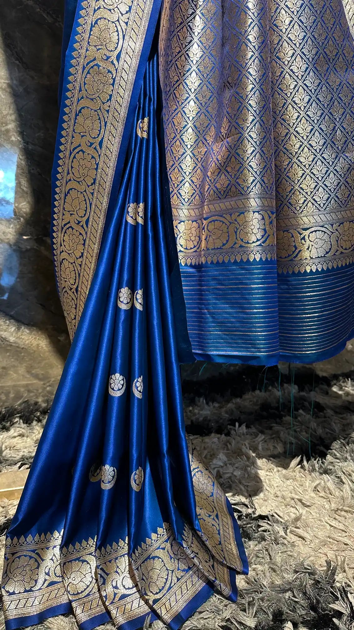 Ready To Wear Emerald Blue Satin Silk Banarasi Saree