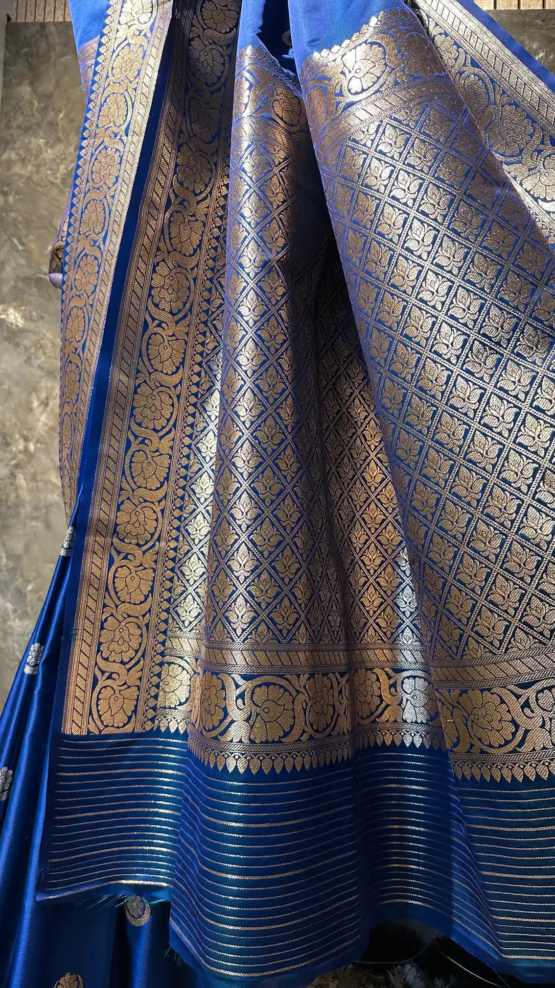 Ready To Wear Emerald Blue Satin Silk Banarasi Saree