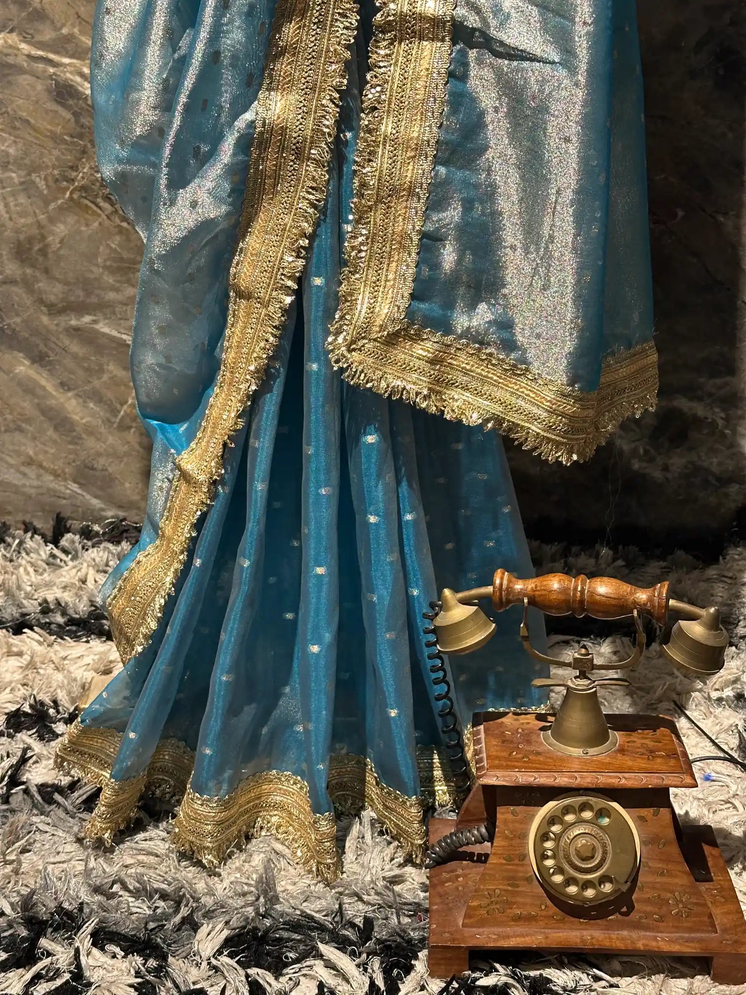 Ready To Wear Firozi Tissue Silk Designer Saree