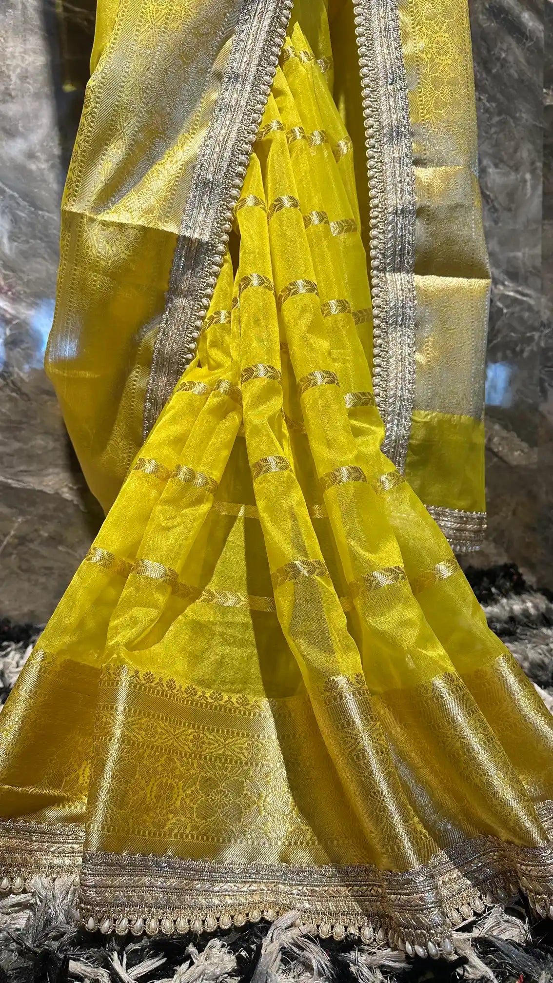 Ready To Wear Lemon Yellow Organza Designer Banarasi Saree