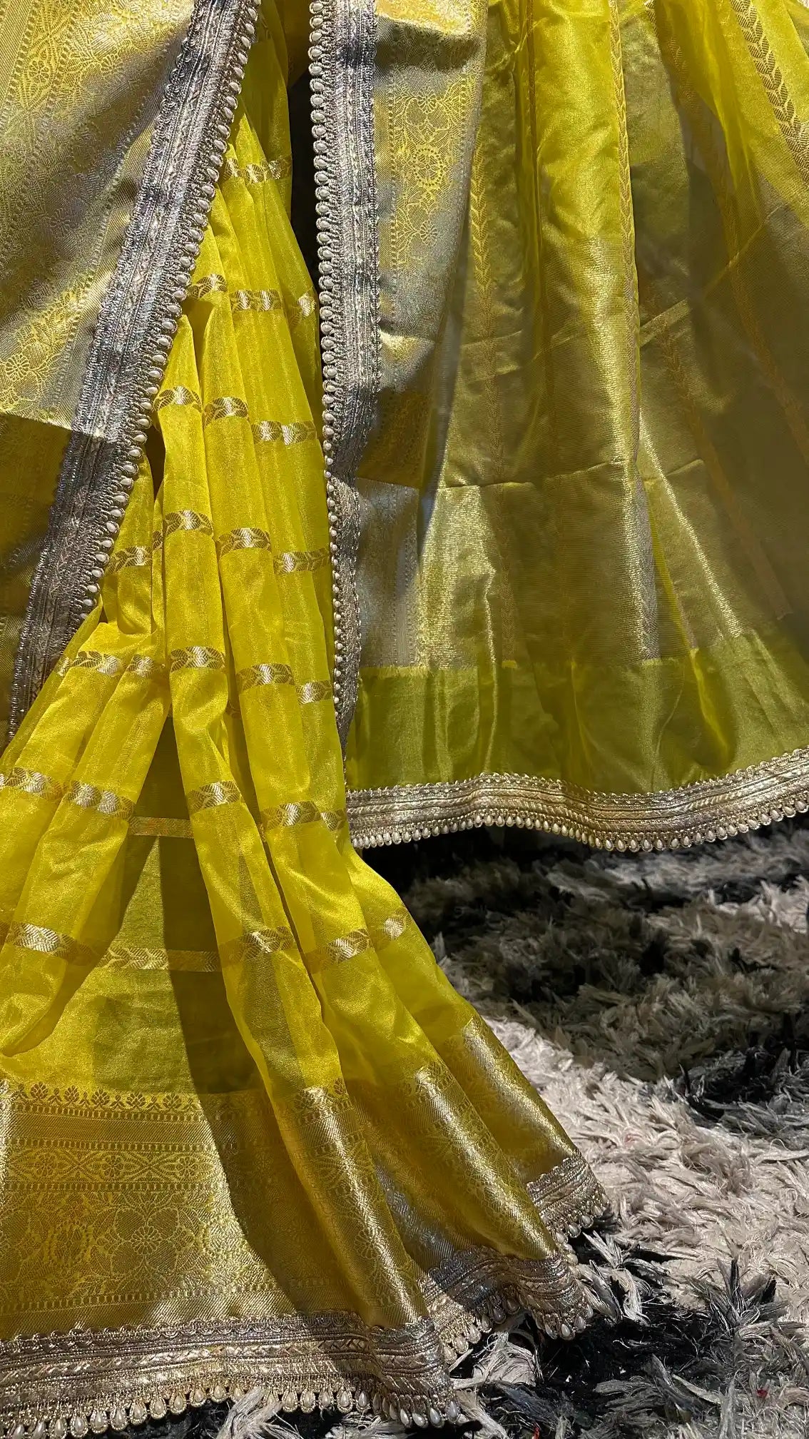 Ready To Wear Lemon Yellow Organza Designer Banarasi Saree