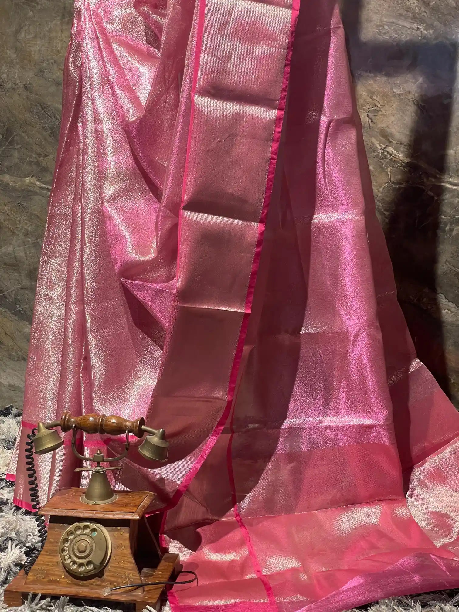 Ready To Wear Metallic Pink Kanjivaram embossed Tissue Silk Saree