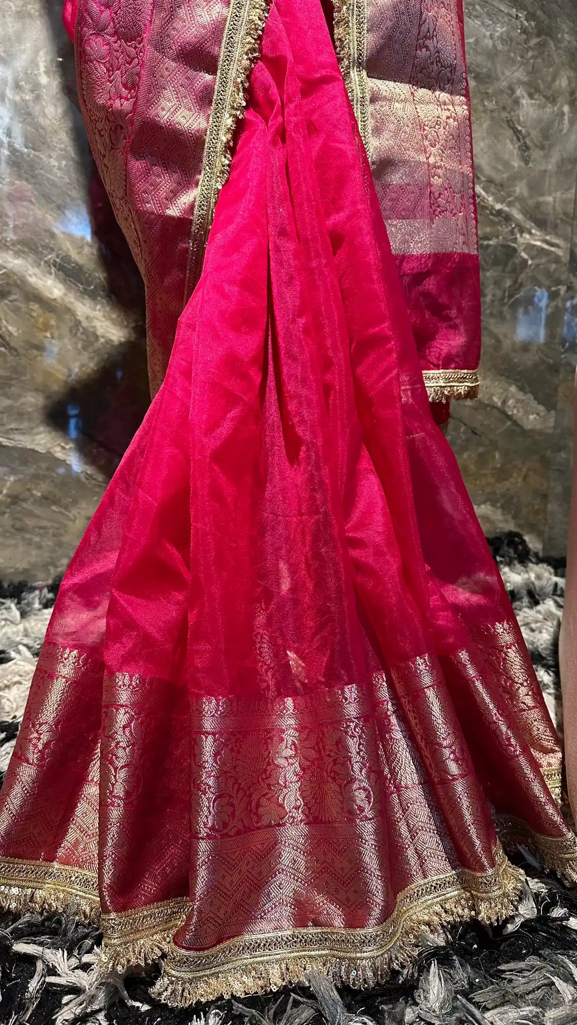 Ready To Wear Rani Pink Kora Organza Designer Banarasi Saree
