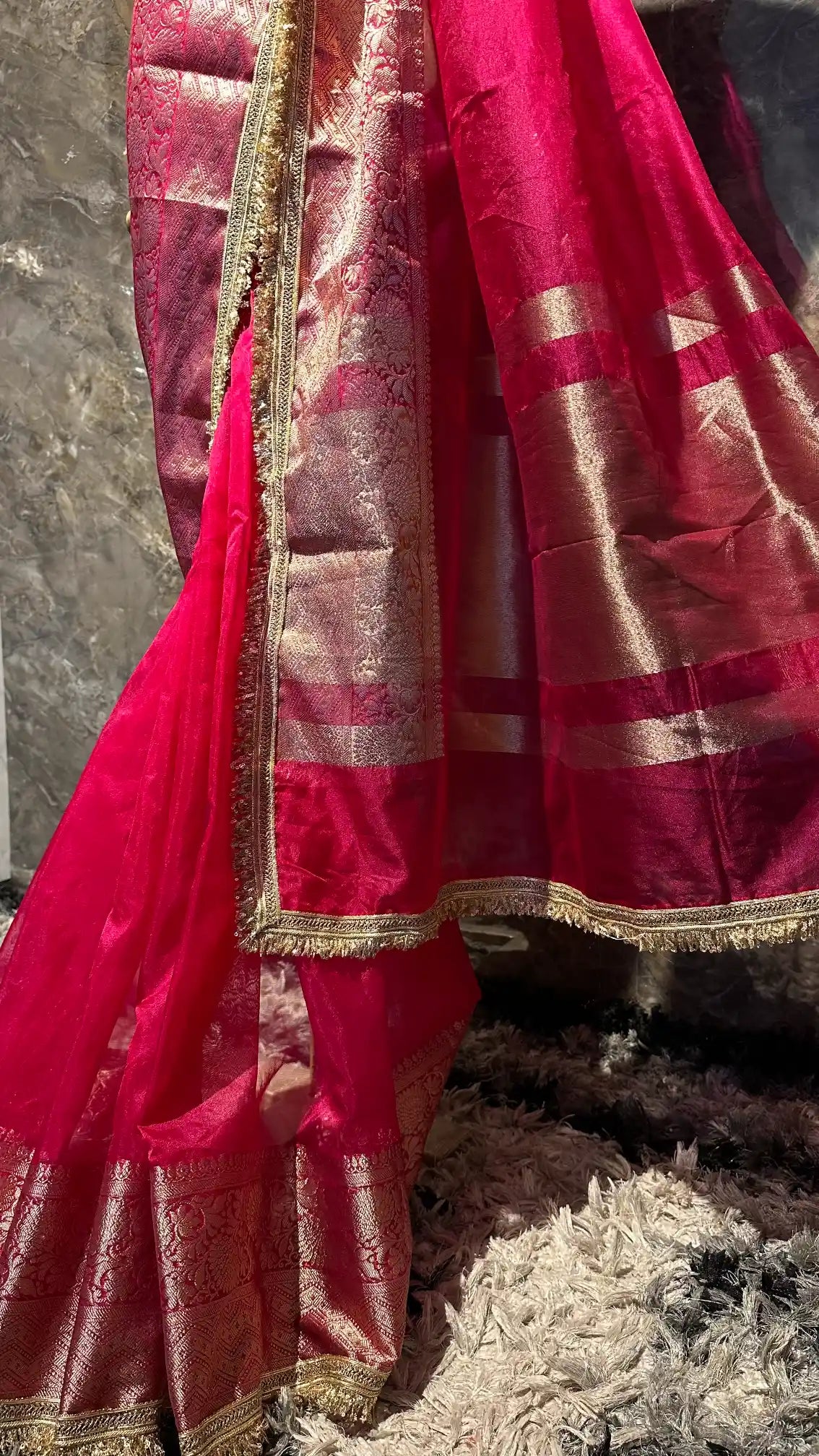 Ready To Wear Rani Pink Kora Organza Designer Banarasi Saree