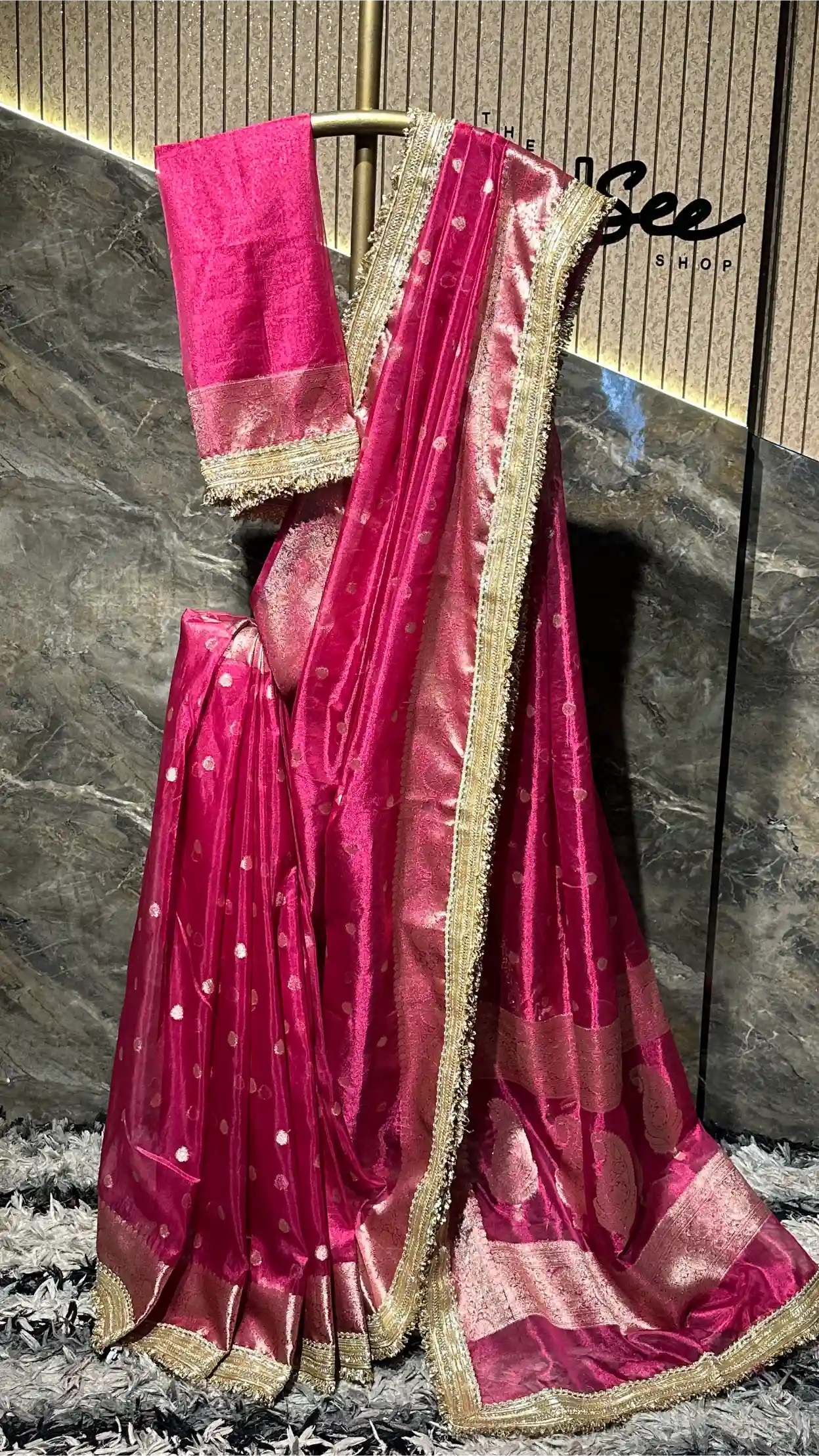 Ready To Wear Rani Pink Tissue Designer Lace Work Banarasi Saree