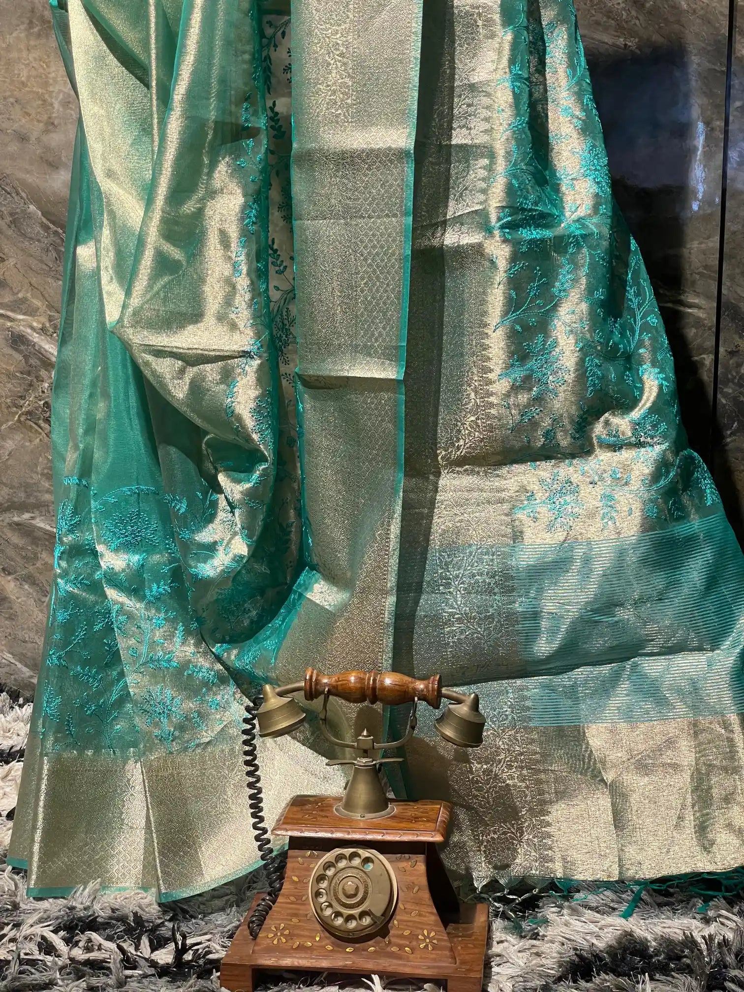 Ready To Wear Sea Green Chikankari Embroidered Tissue Saree