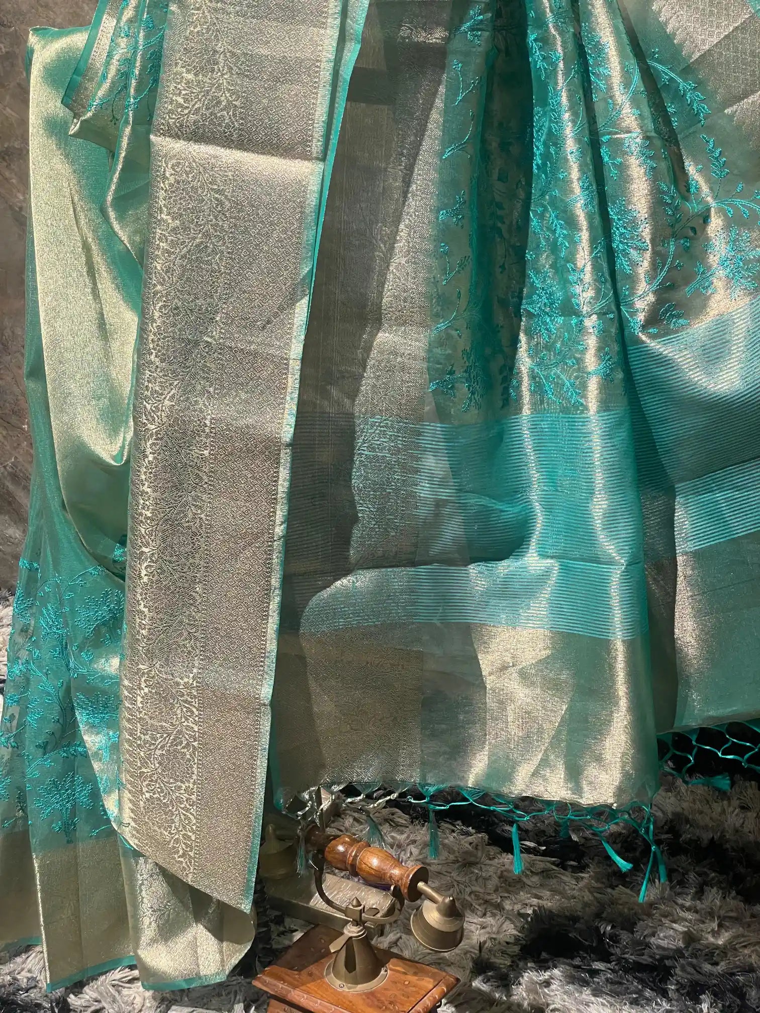 Ready To Wear Sea Green Chikankari Embroidered Tissue Saree