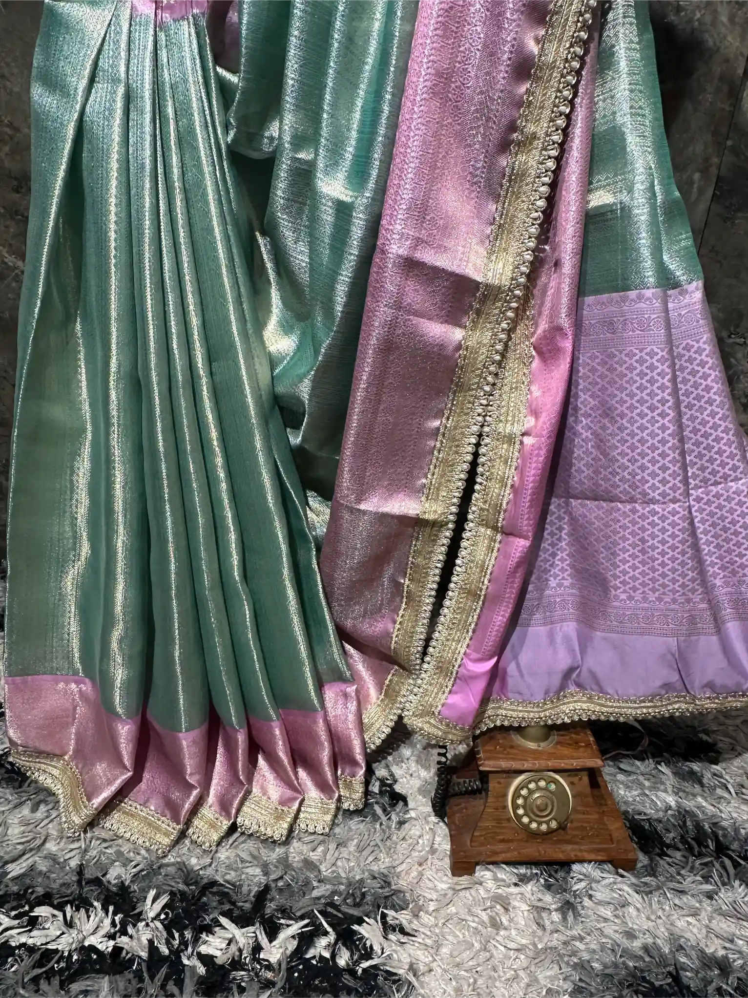 Ready To Wear Sea Green Kanjivaram Brocade Tissue Designer Lace Work Saree