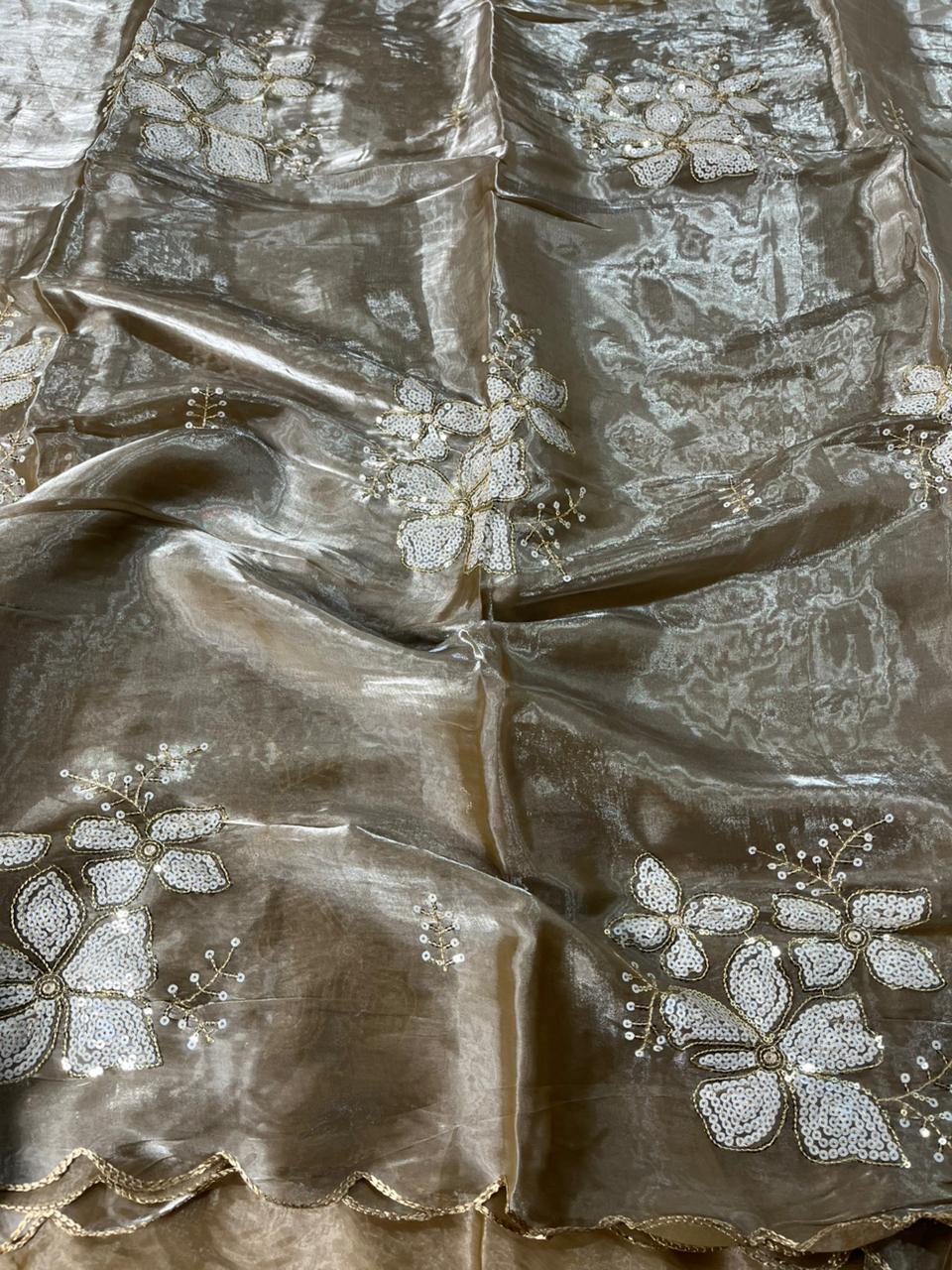 Real Chiku Shade Shimmery Tissue Silk Saree