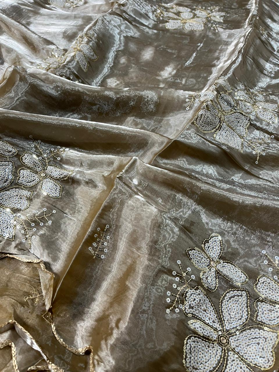 Real Chiku Shade Shimmery Tissue Silk Saree