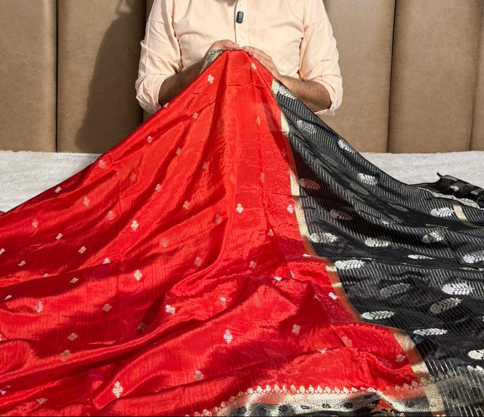 Red Black Premium Dupion Silk Lace Work Saree