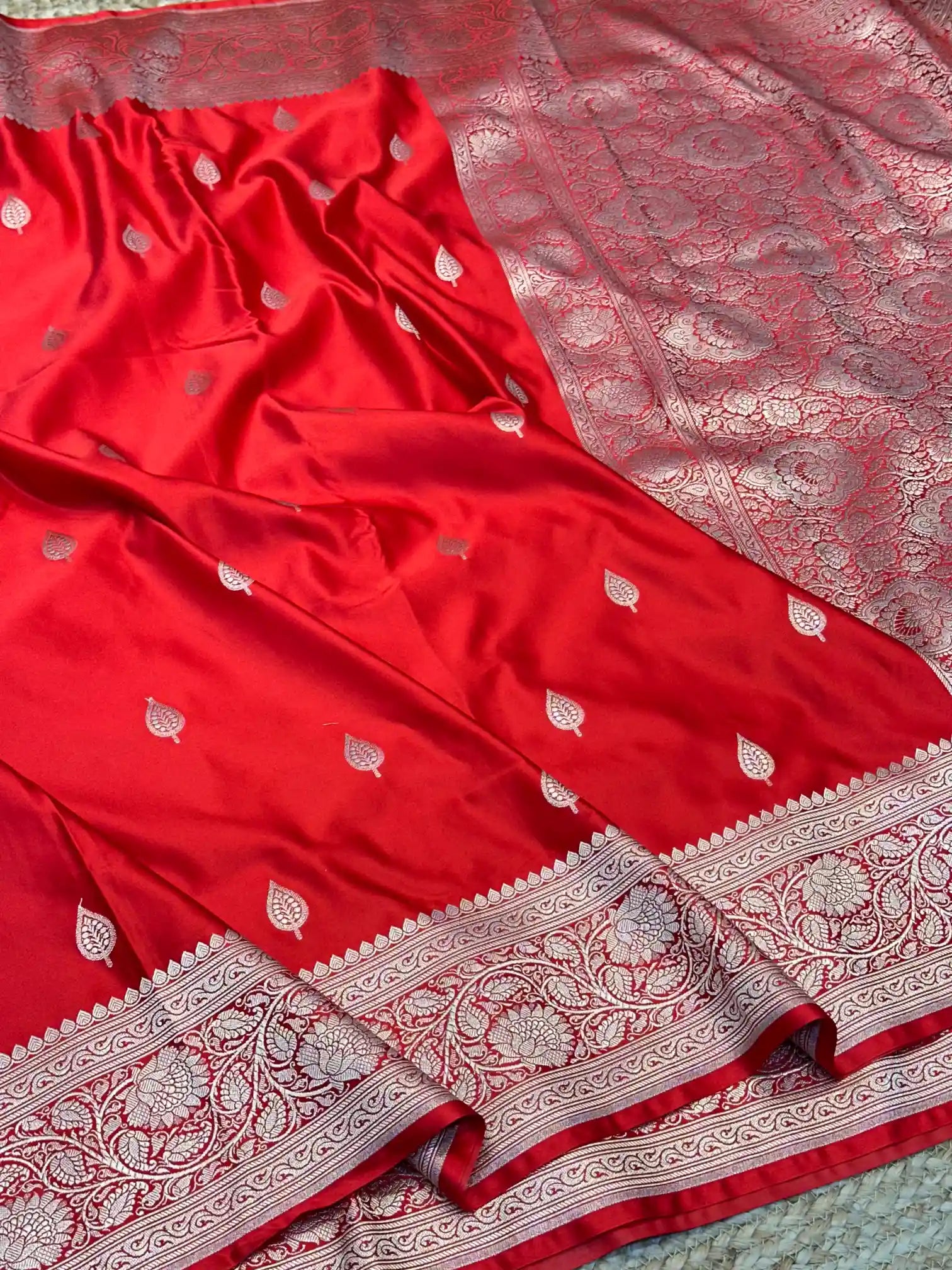 Red Motifs Weave Mashru Katan Saree