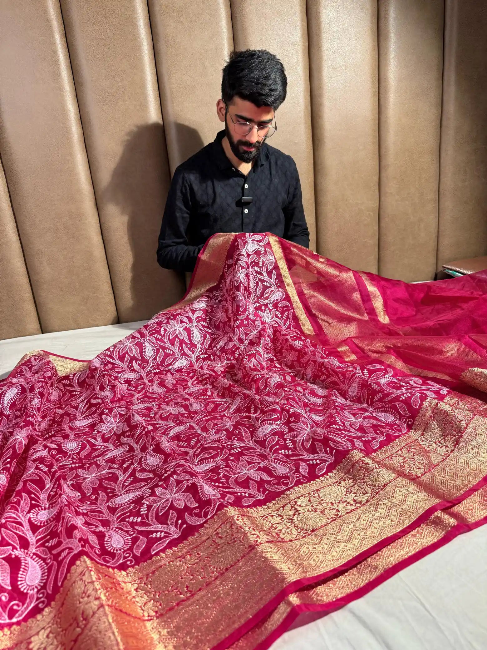 Red Organza Silk Banarasi Chikankari Saree