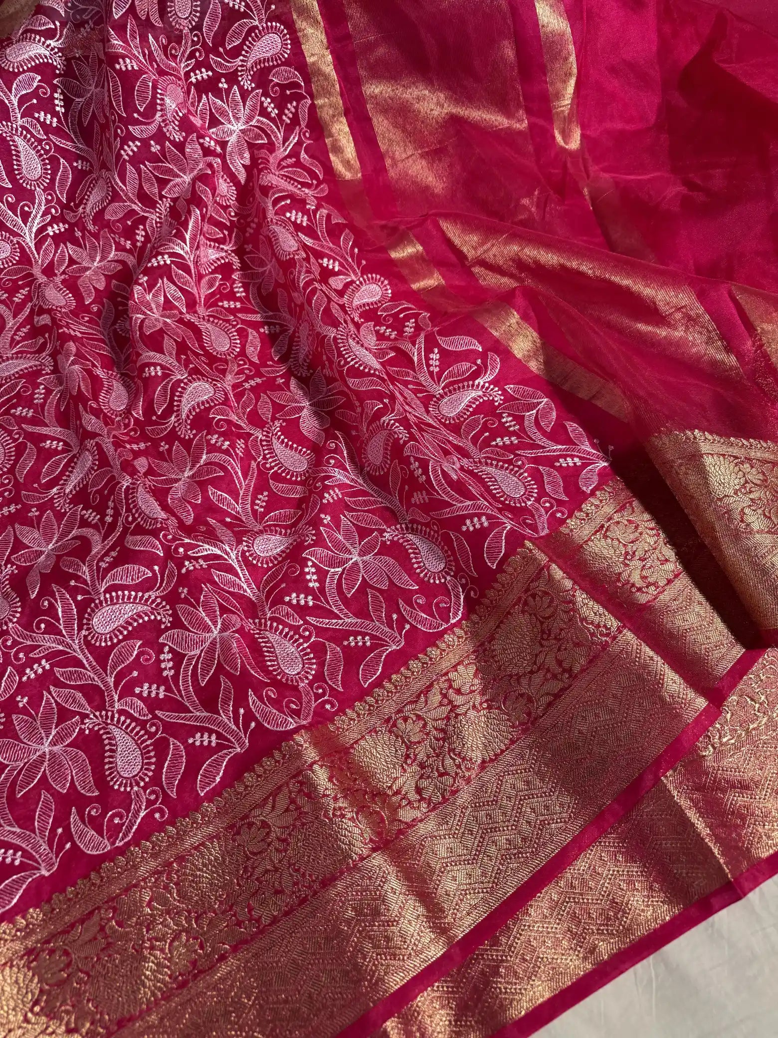 Red Organza Silk Banarasi Chikankari Saree