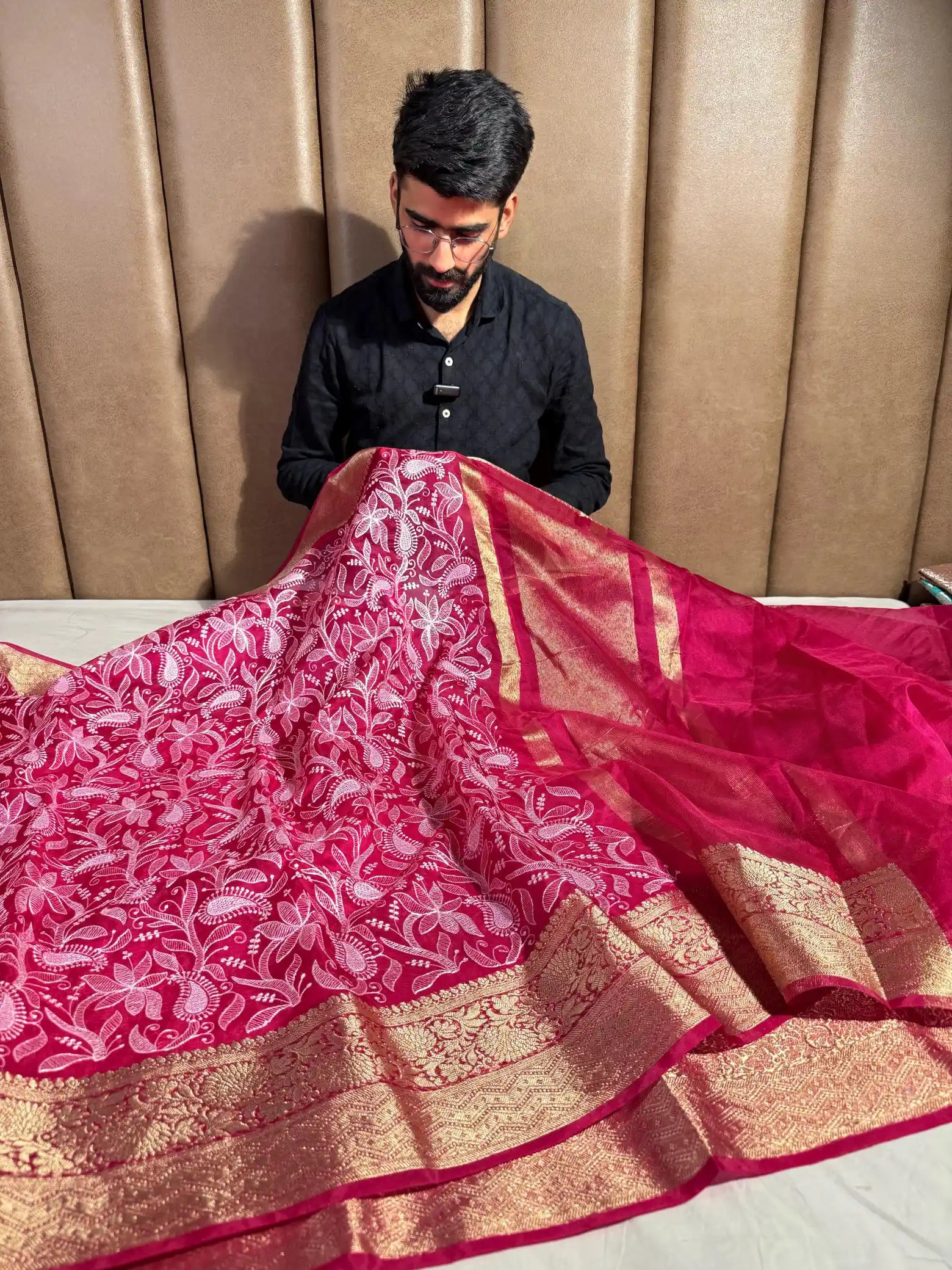 Red Organza Silk Banarasi Chikankari Saree