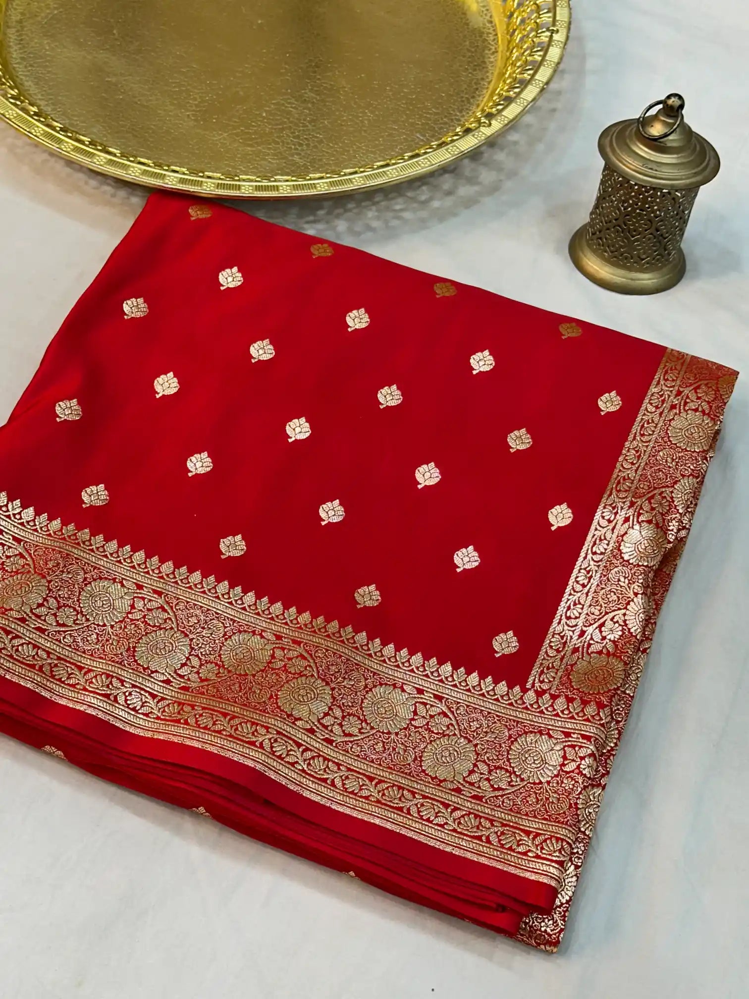 Red Satin Silk Saree with Buta Design and Classical Pallu