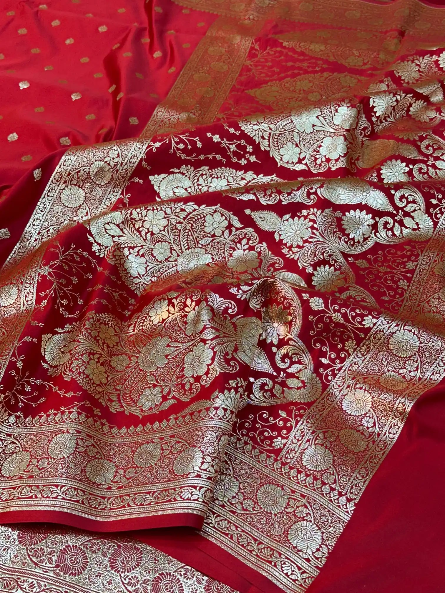 Red Satin Silk Saree with Buta Design and Classical Pallu