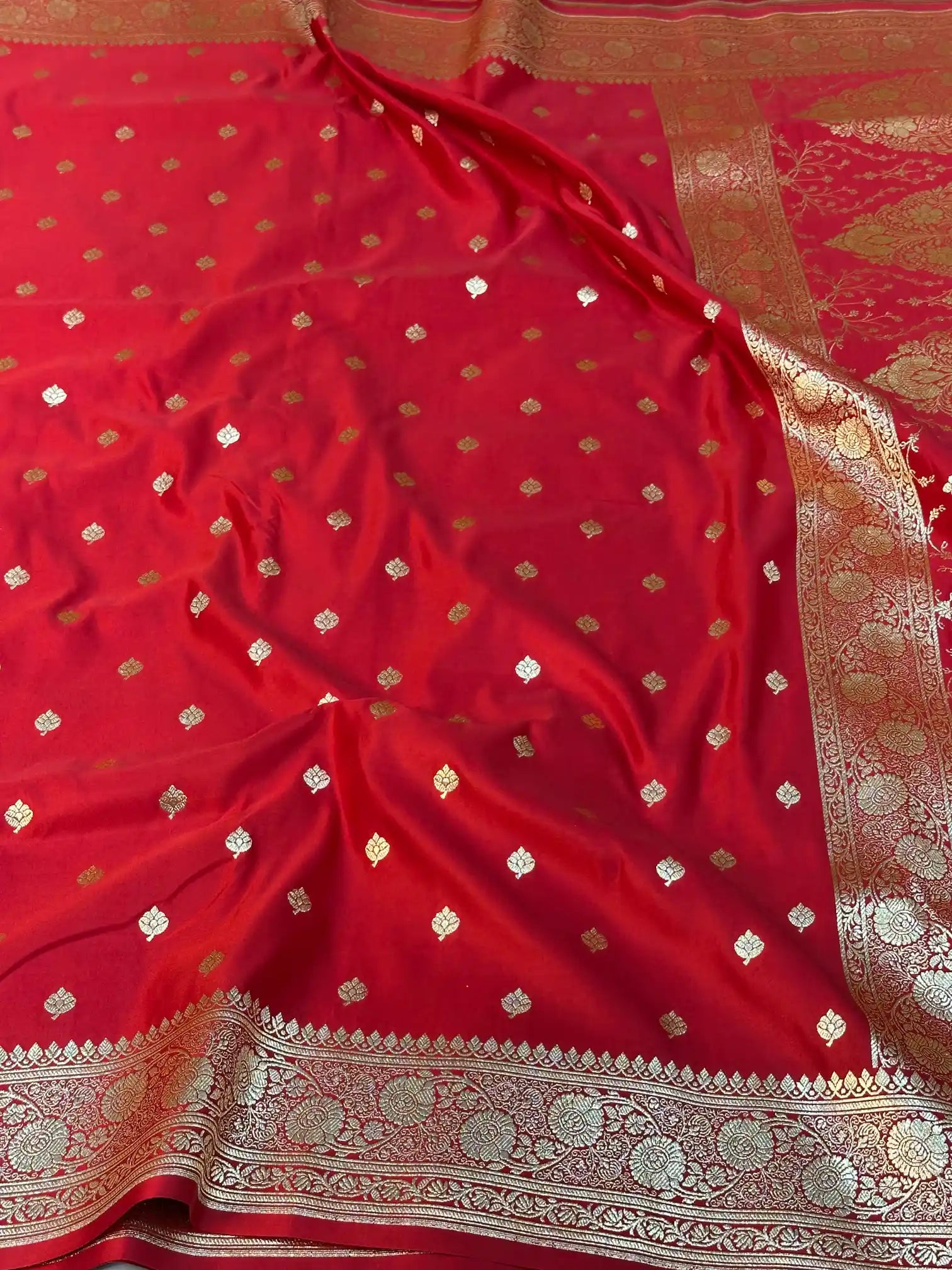 Red Satin Silk Saree with Buta Design and Classical Pallu