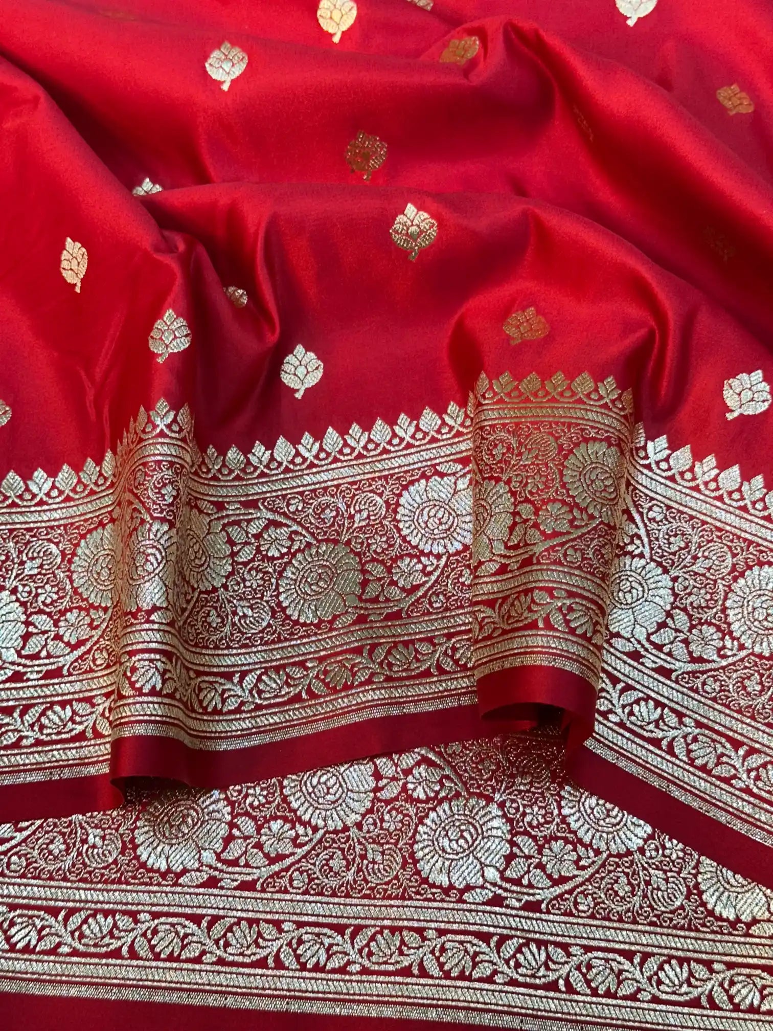 Red Satin Silk Saree with Buta Design and Classical Pallu