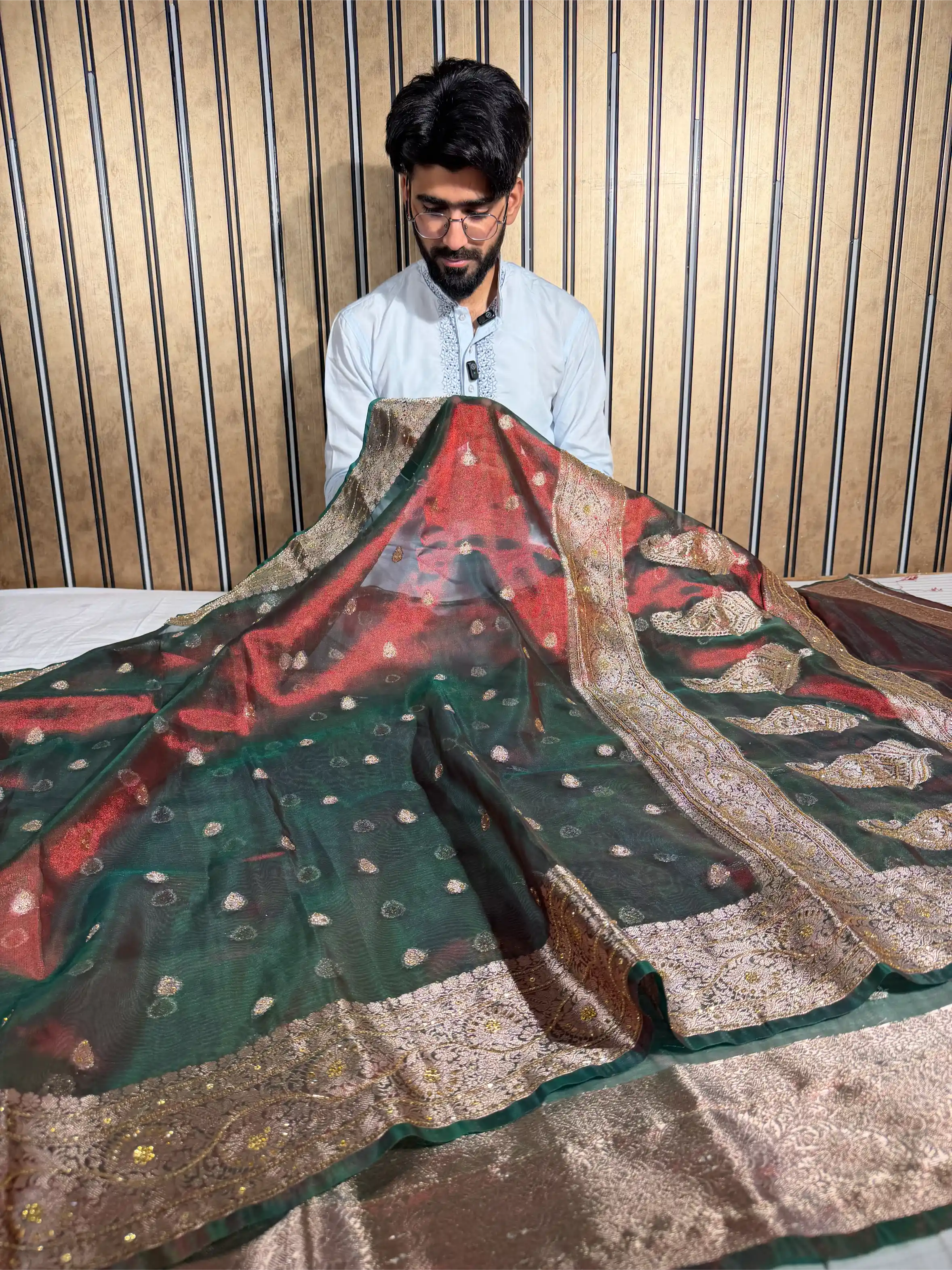Reddish Green Heritage Tissue Silk Handwork Banarasi Saree