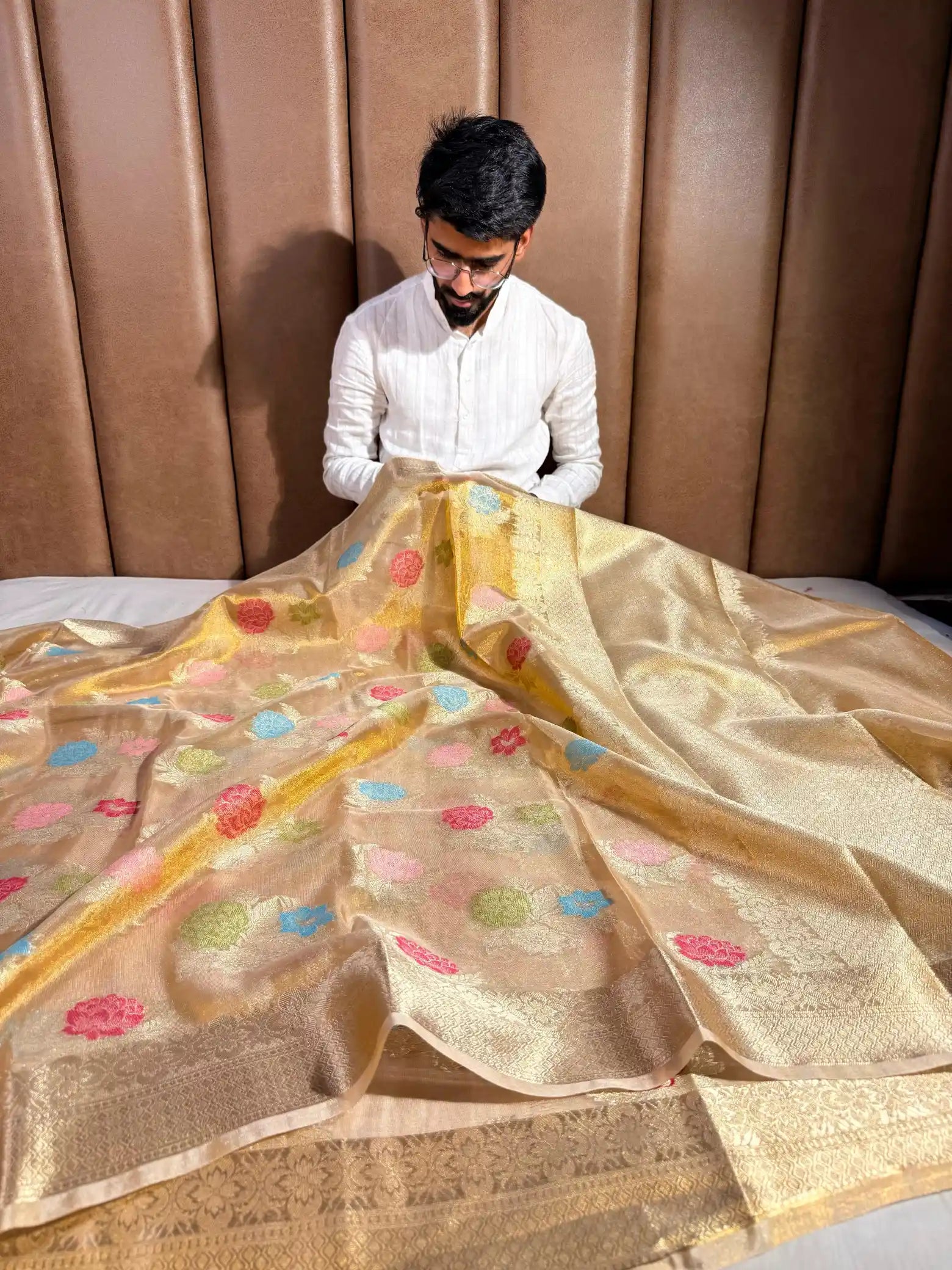 Rose Buta in Multicoloured Floral Weave Copper Tissue Silk Banarasi Saree