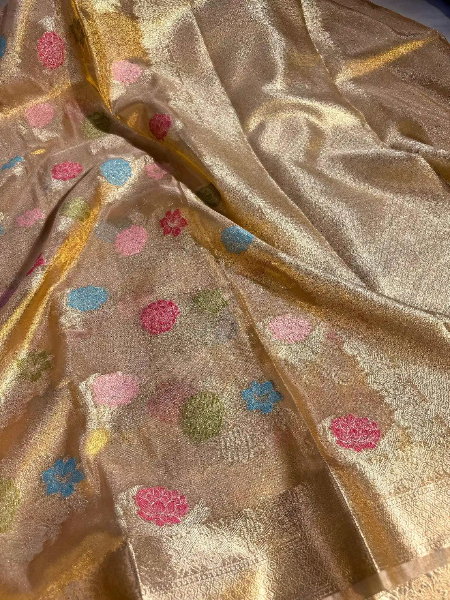 Rose Buta in Multicoloured Floral Weave Copper Tissue Silk Banarasi Saree