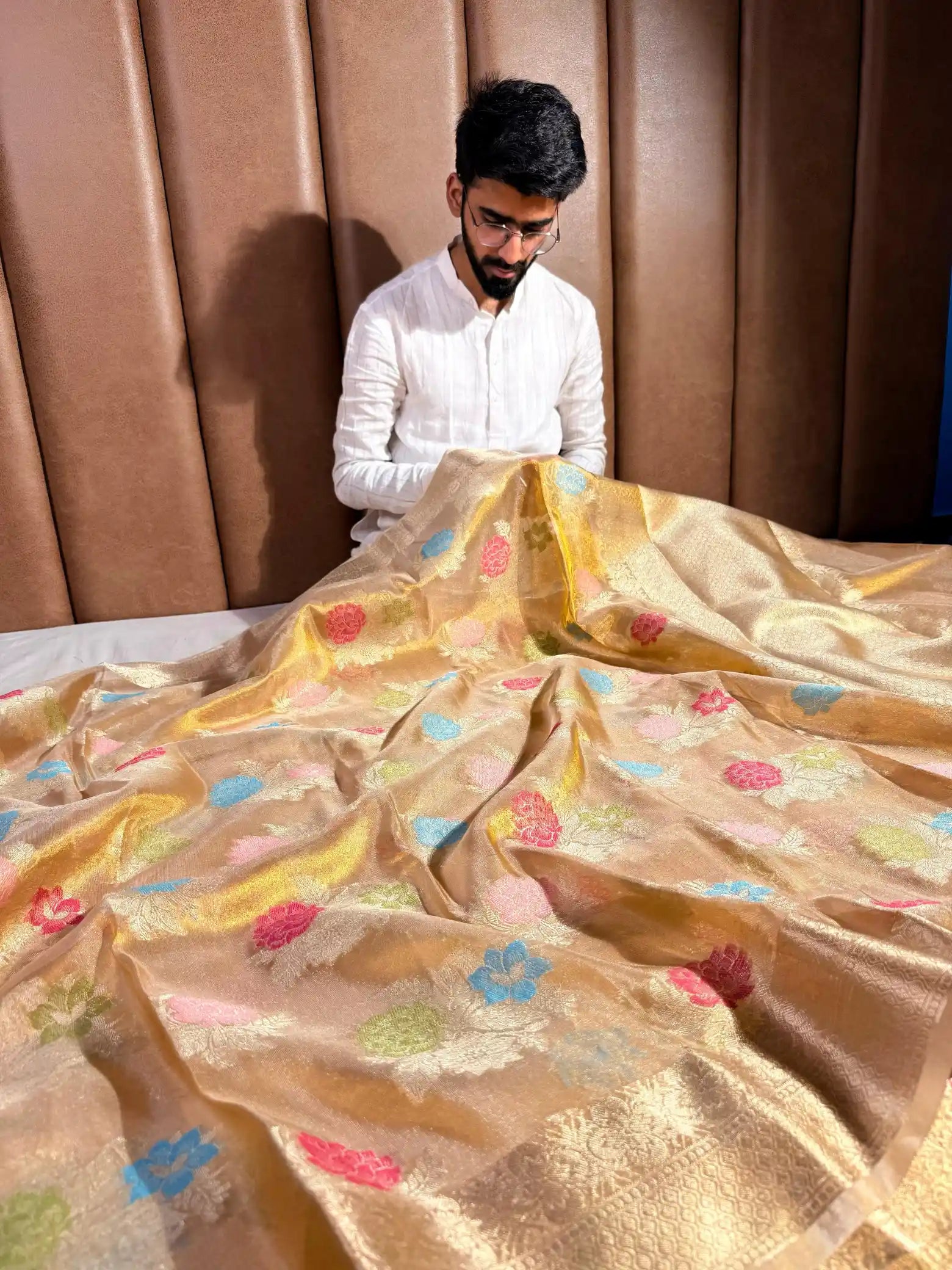 Rose Buta in Multicoloured Floral Weave Copper Tissue Silk Banarasi Saree