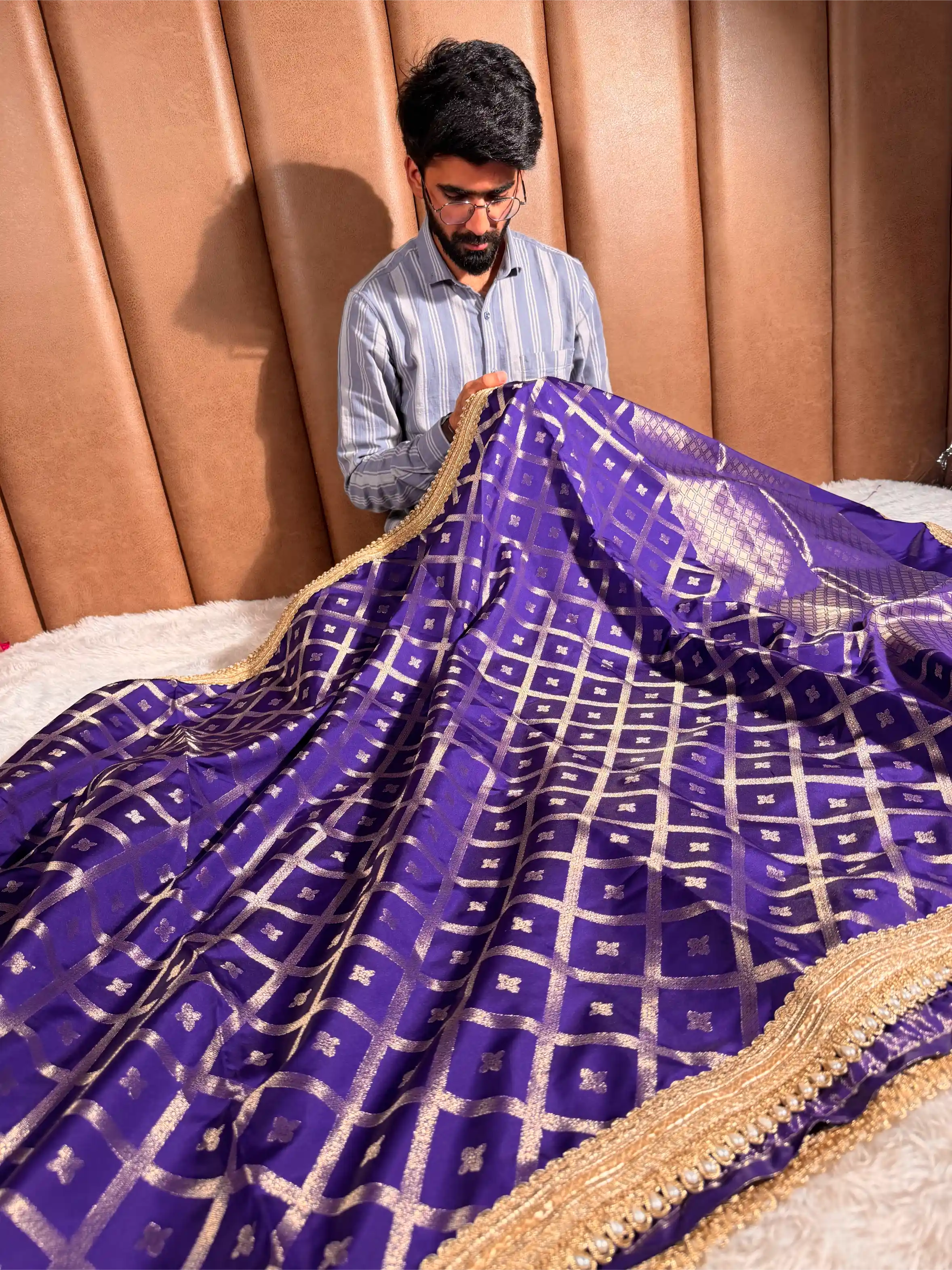 Royal Blue Chinia Silk Checkered Designer Banarasi Saree