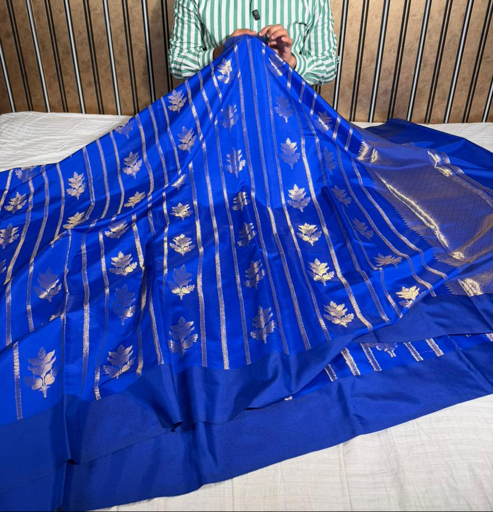 Royal Blue Chinia Silk Heritage Weave Banarasi Saree