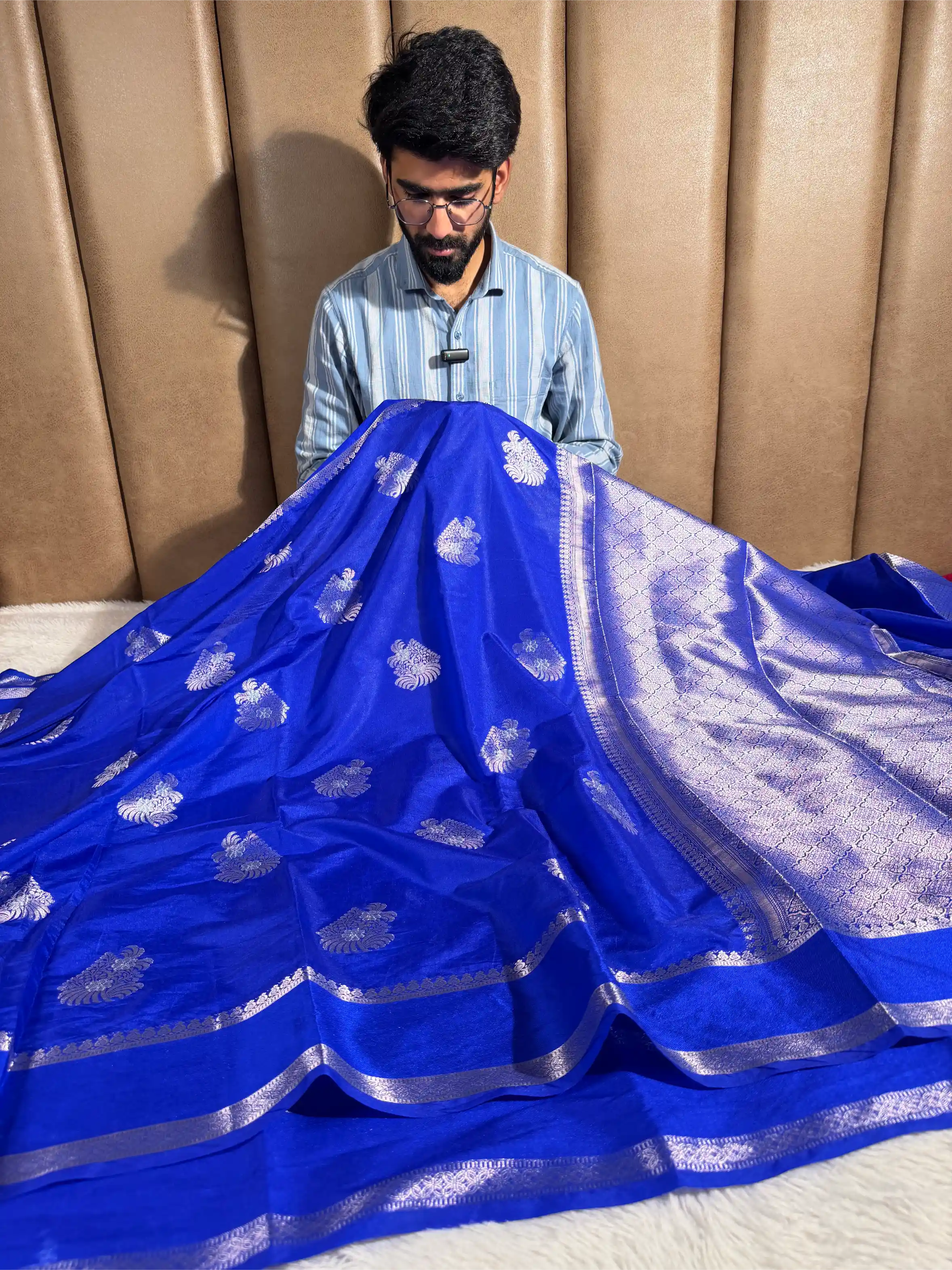 Royal Blue Chinia Silk Traditional Buta Weave Banarasi Saree