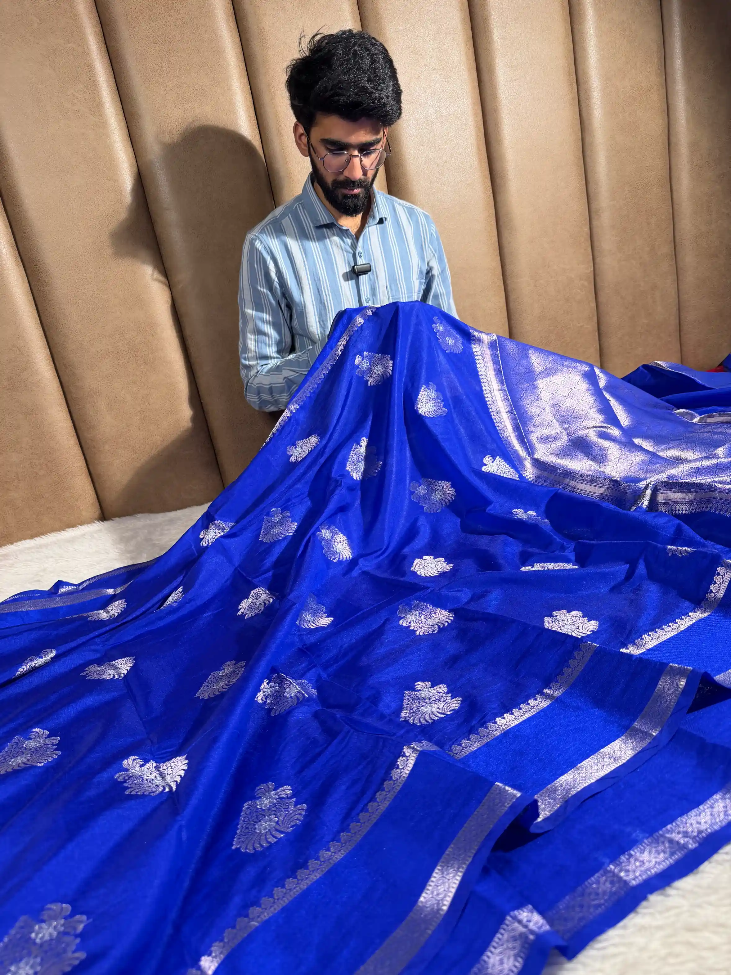 Royal Blue Chinia Silk Traditional Buta Weave Banarasi Saree