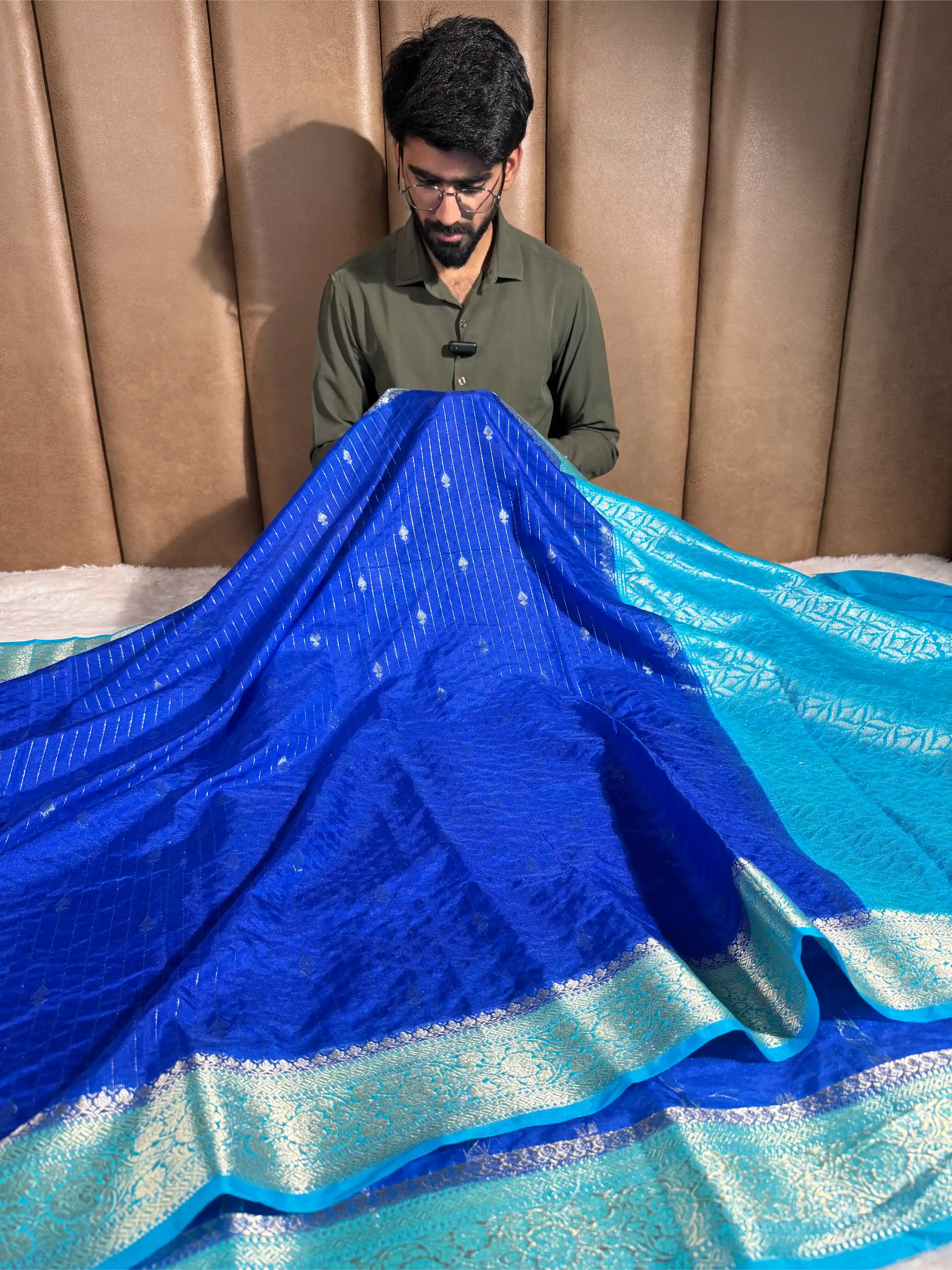 Royal Blue Chinia Silk with Contrast Firozi Border Banarasi Saree