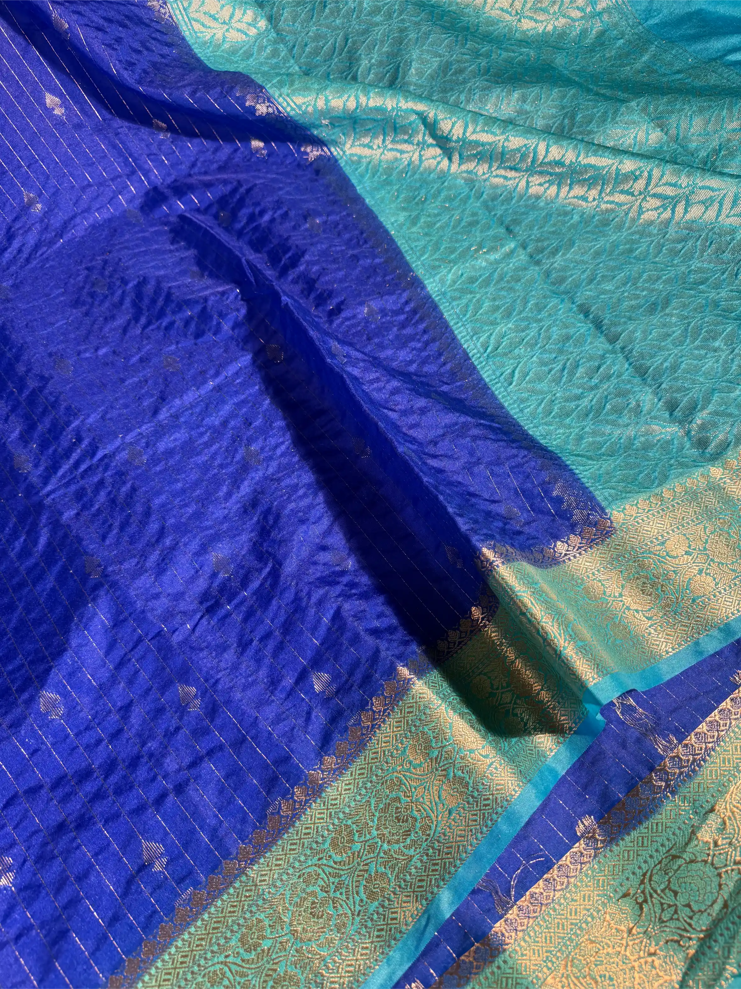 Royal Blue Chinia Silk with Contrast Firozi Border Banarasi Saree