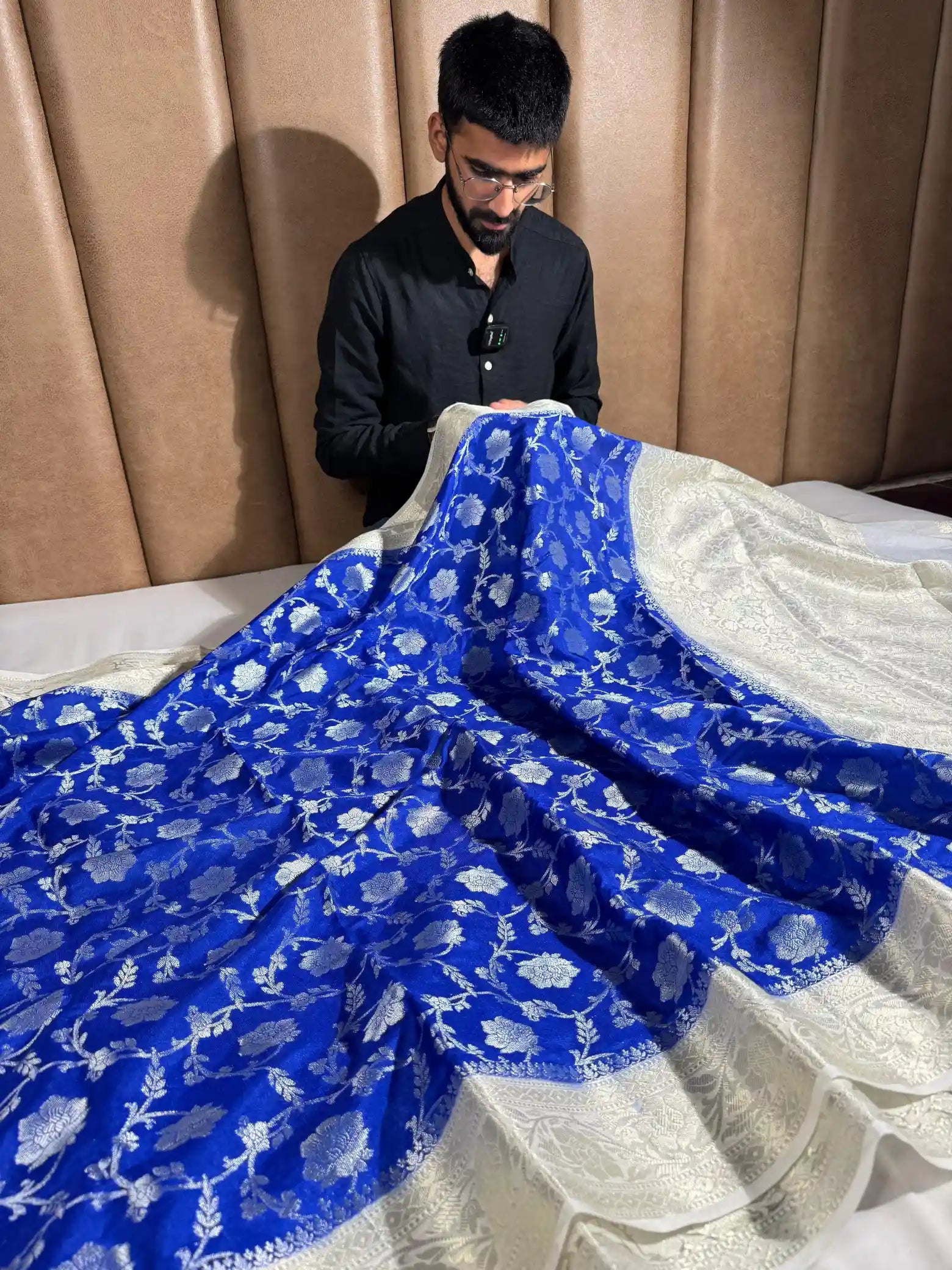 Royal Blue Contrast Chinia Silk Banarasi Saree