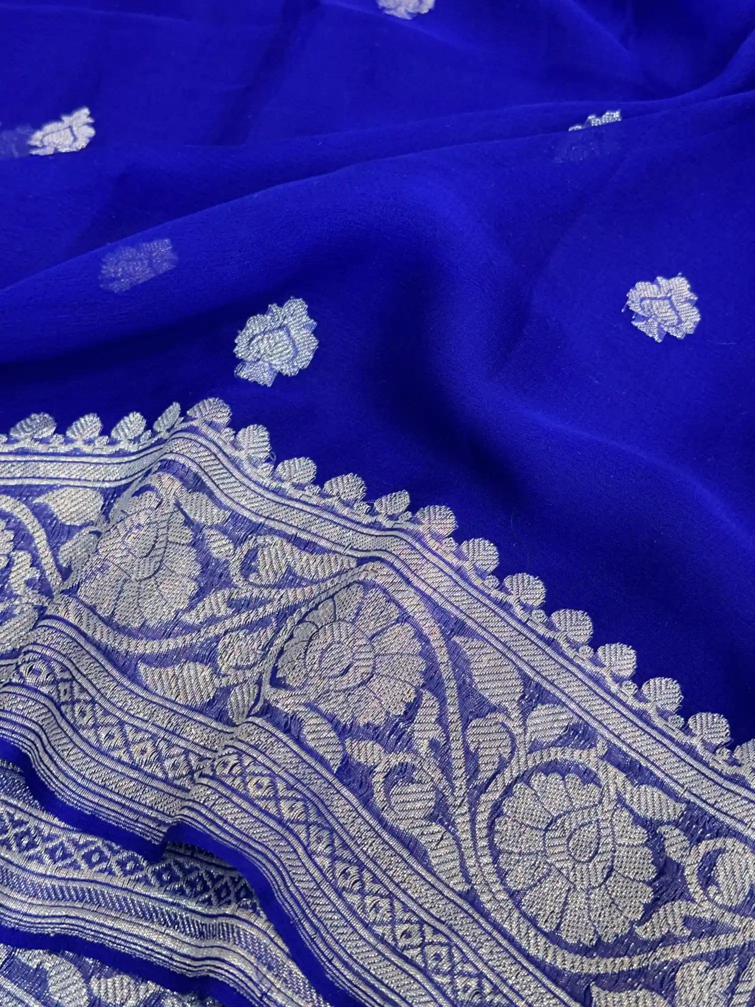 Royal Blue Handwoven Pure Khaddi Chiffon Banarasi Saree