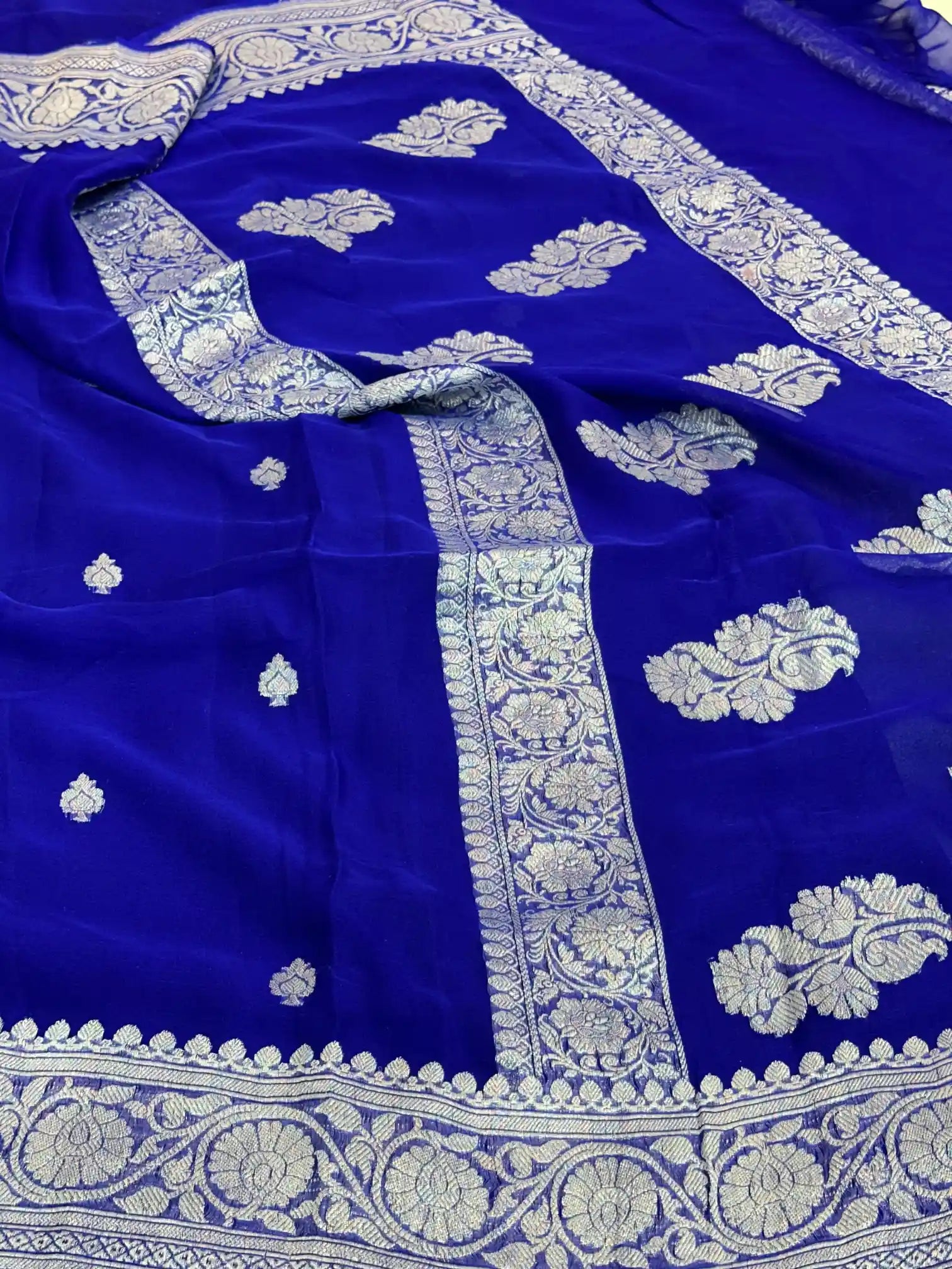 Royal Blue Handwoven Pure Khaddi Chiffon Banarasi Saree