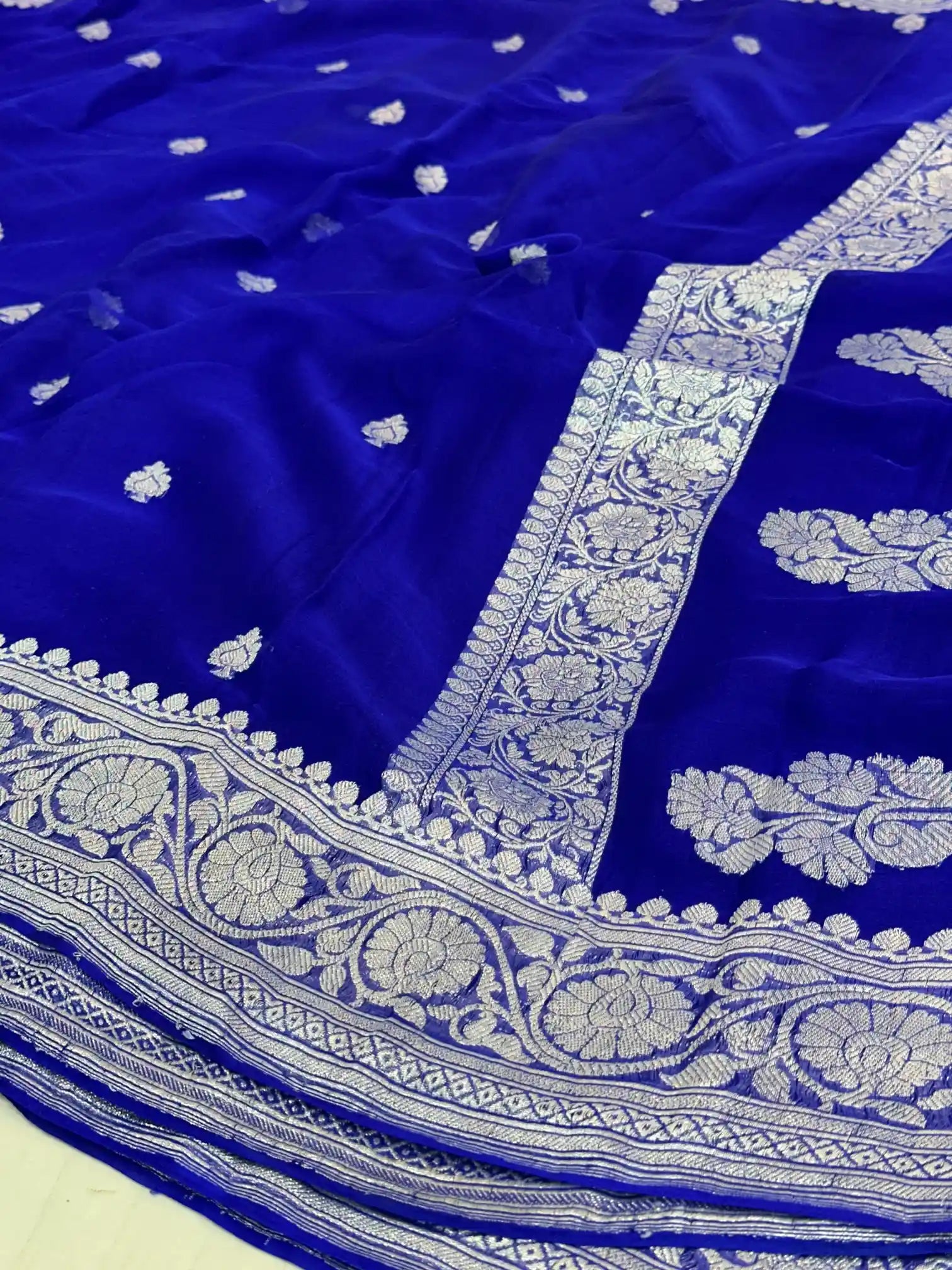 Royal Blue Handwoven Pure Khaddi Chiffon Banarasi Saree