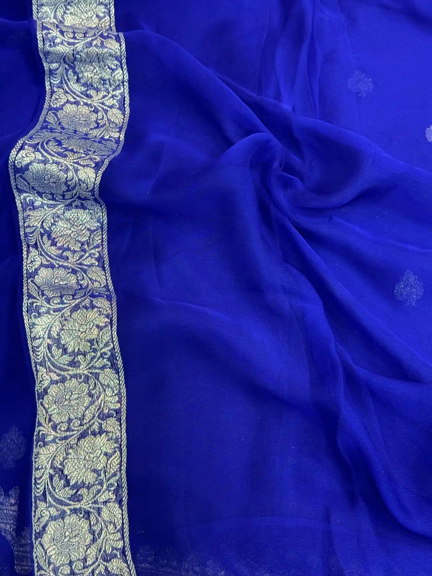 Royal Blue Handwoven Pure Khaddi Chiffon Banarasi Saree