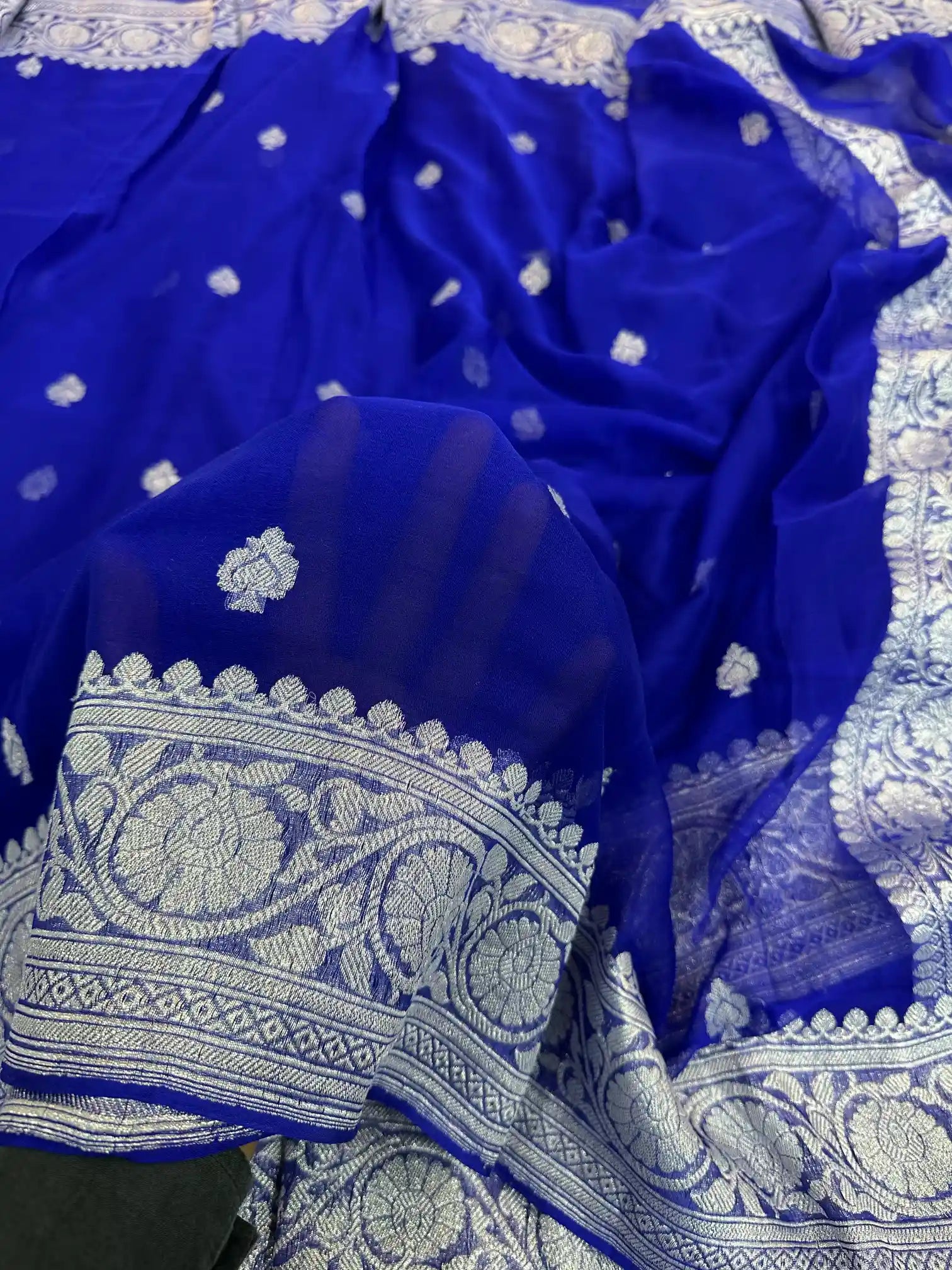 Royal Blue Handwoven Pure Khaddi Chiffon Banarasi Saree