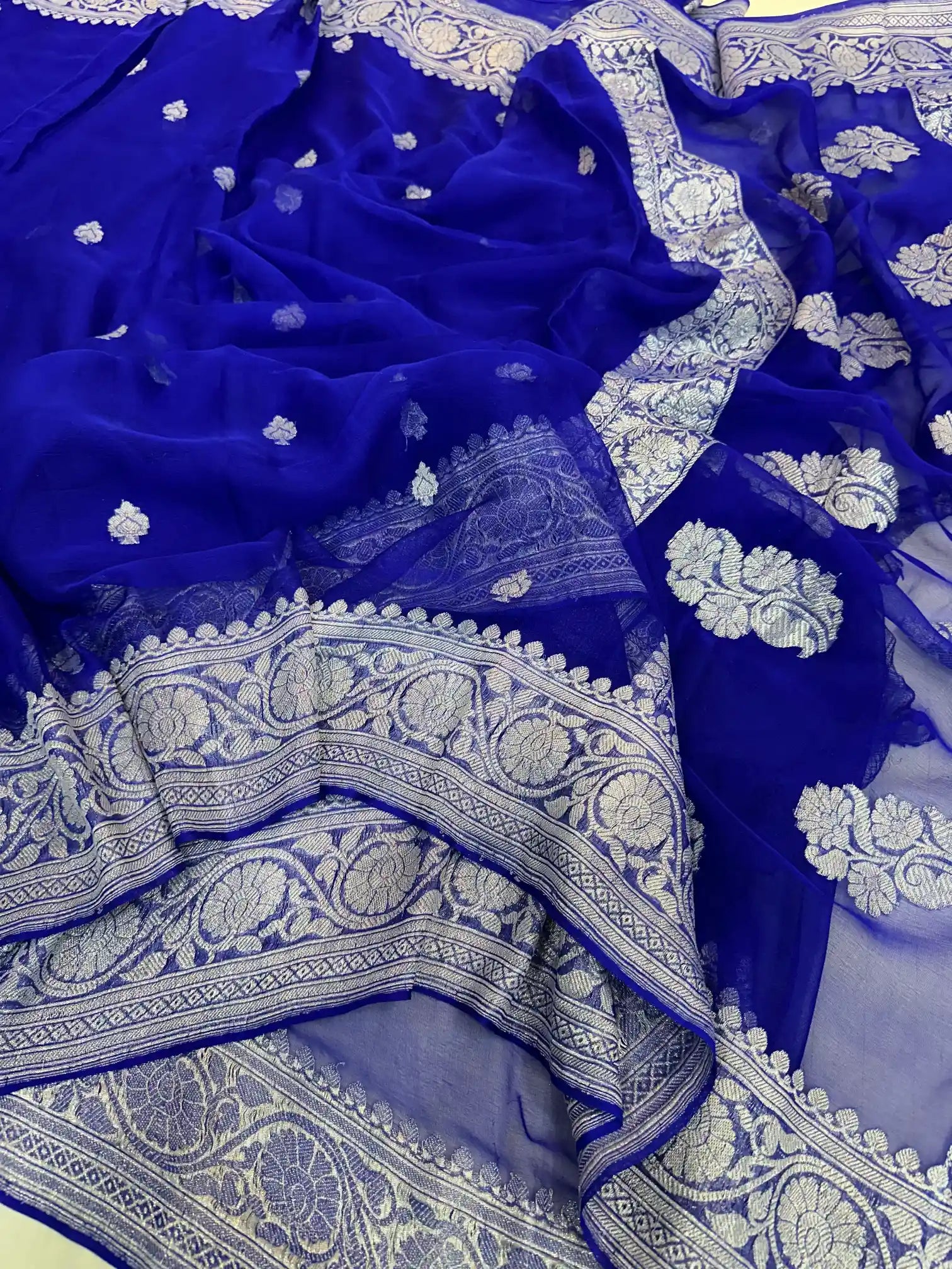 Royal Blue Handwoven Pure Khaddi Chiffon Banarasi Saree