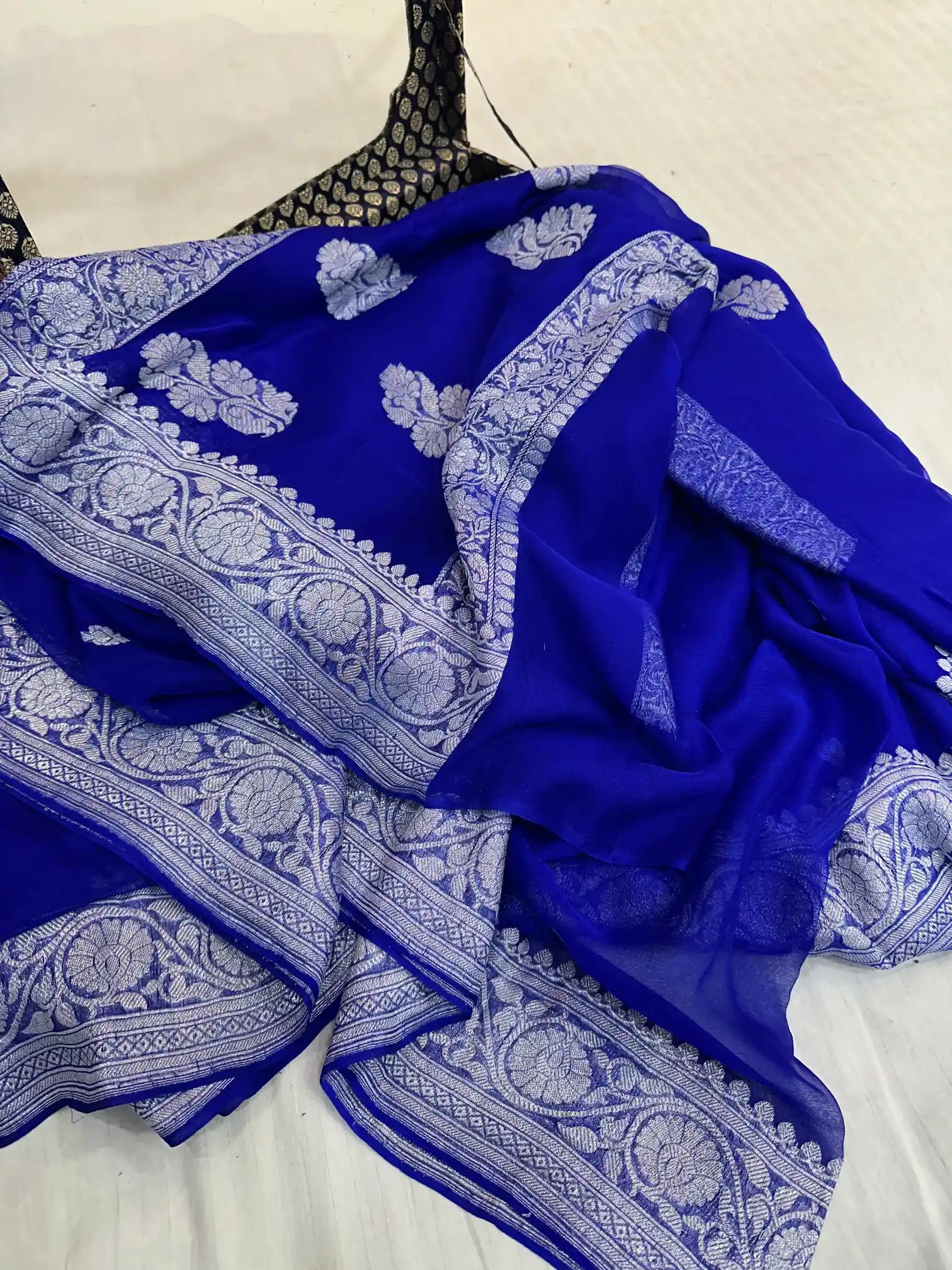 Royal Blue Handwoven Pure Khaddi Chiffon Banarasi Saree