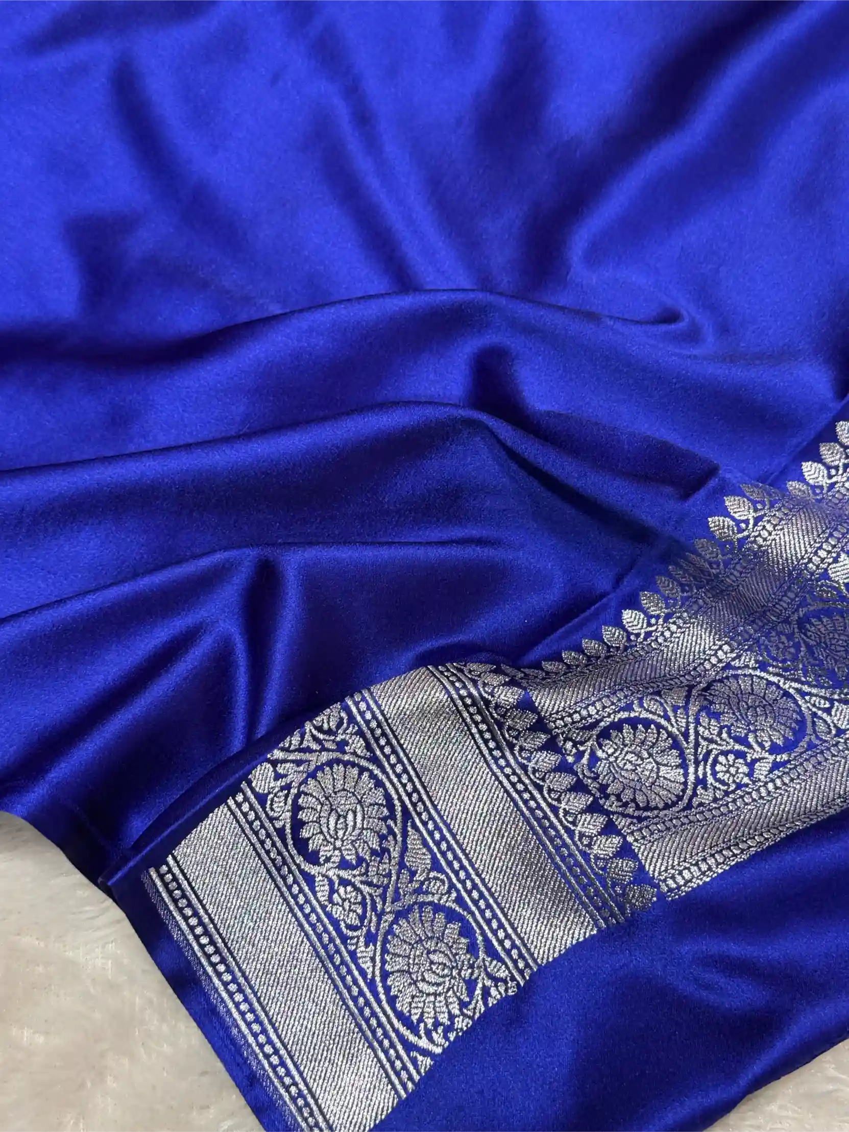 Royal Blue Mashru Katan Silk Silver Zari Leheriya Weave Banarasi Saree