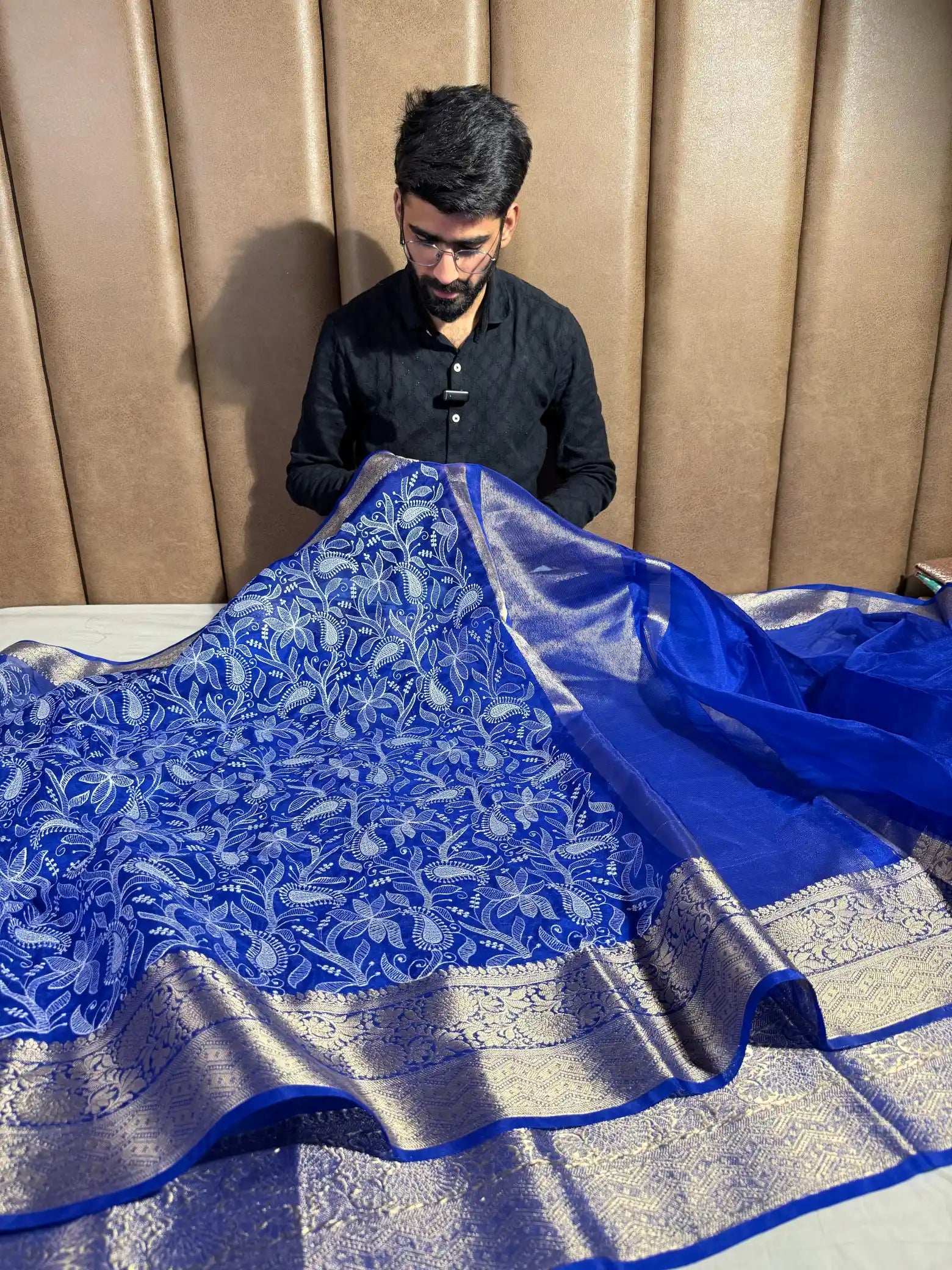 Royal Blue Organza Silk Banarasi Chikankari Saree