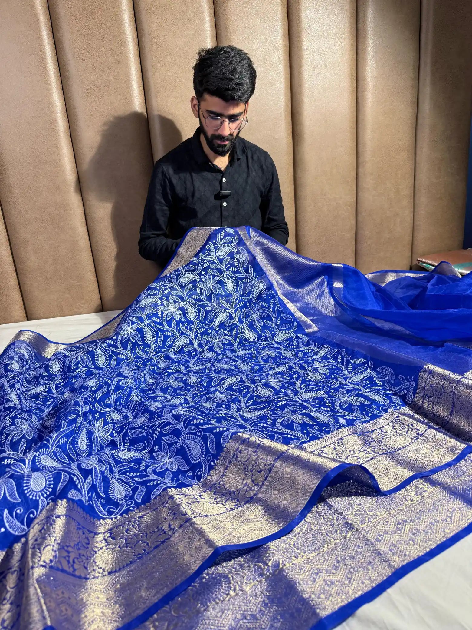 Royal Blue Organza Silk Banarasi Chikankari Saree