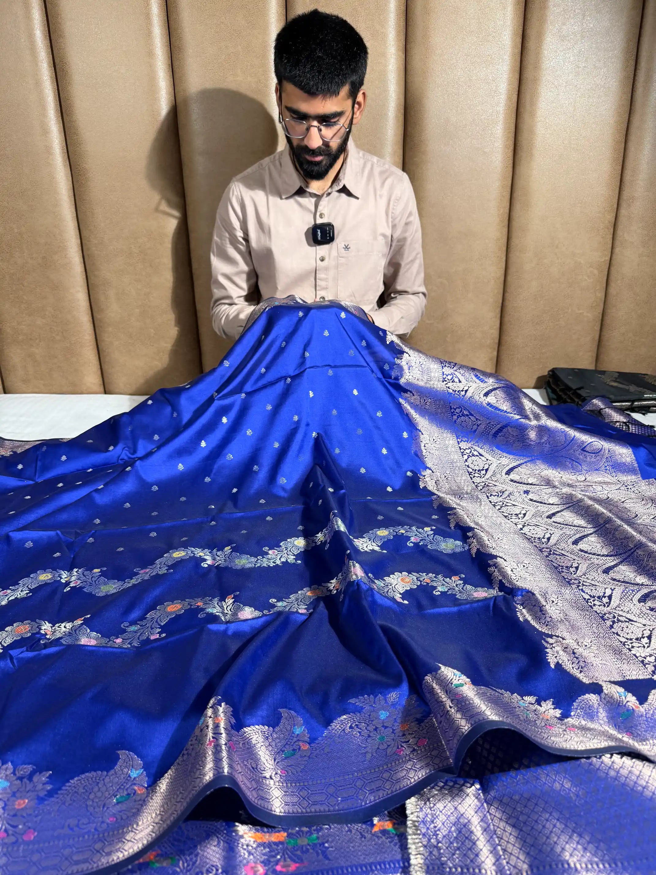 Royal Blue Semi Katan Silk Floral Meenakari Banarasi Saree