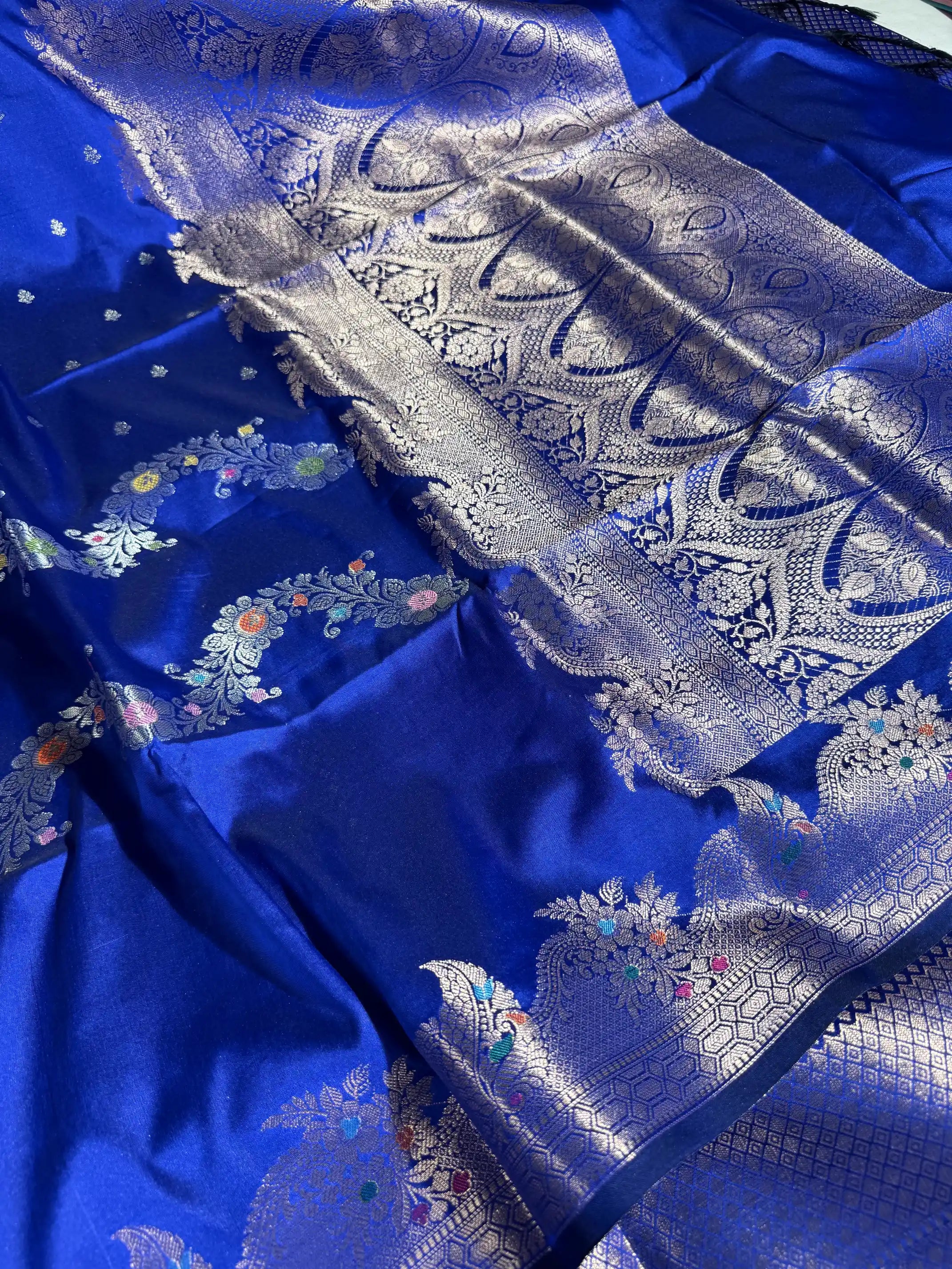 Royal Blue Semi Katan Silk Floral Meenakari Banarasi Saree