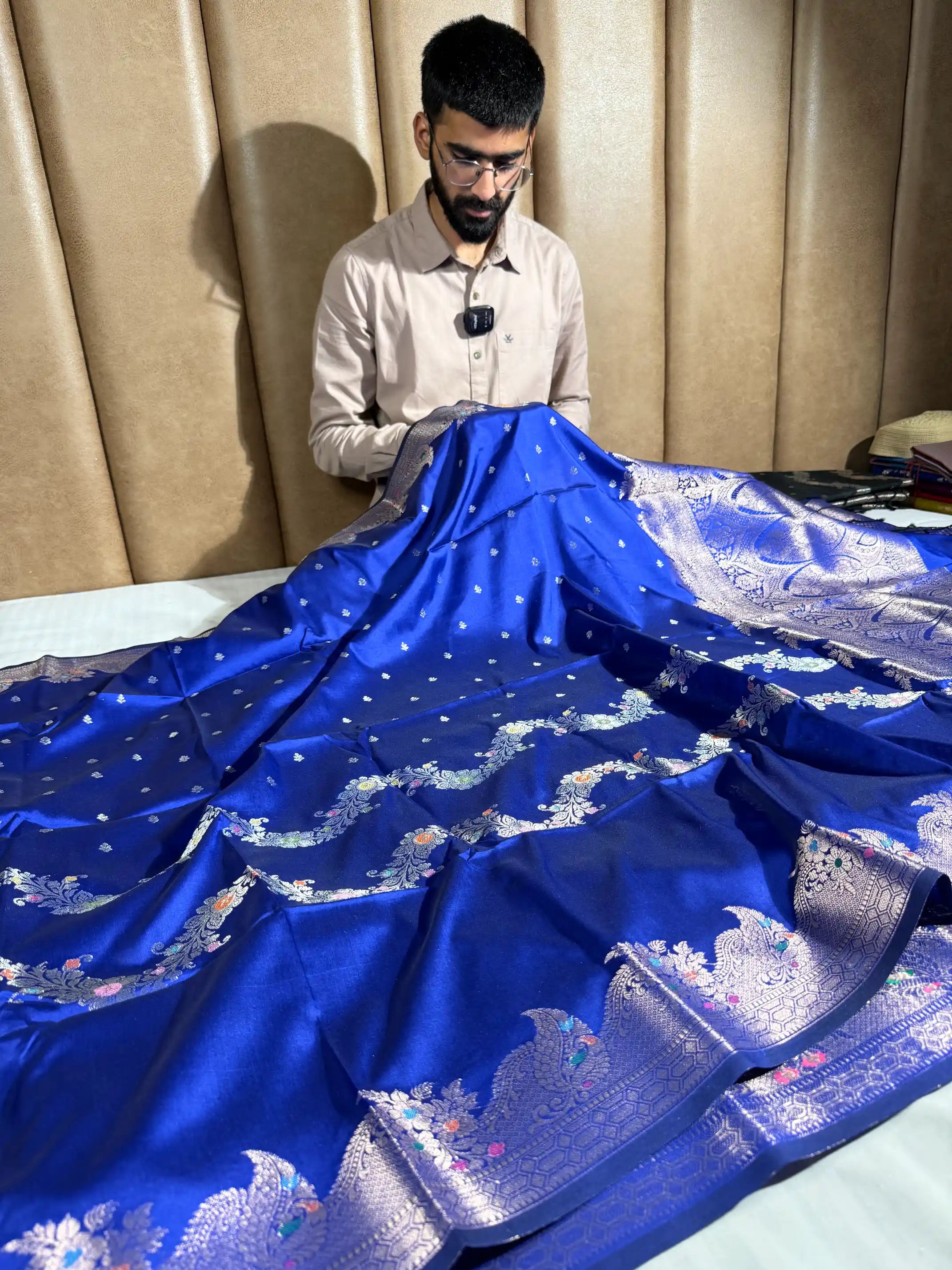 Royal Blue Semi Katan Silk Floral Meenakari Banarasi Saree