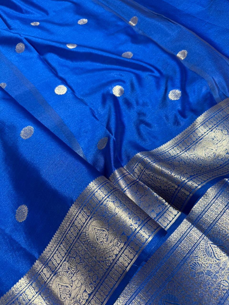 Royal Blue Semi Katan Silk Polka Dots Weave Banarasi Saree