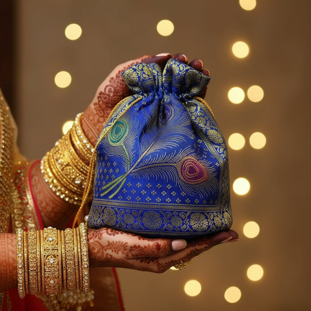Royal Blue Shade Banarasi Potli Bags